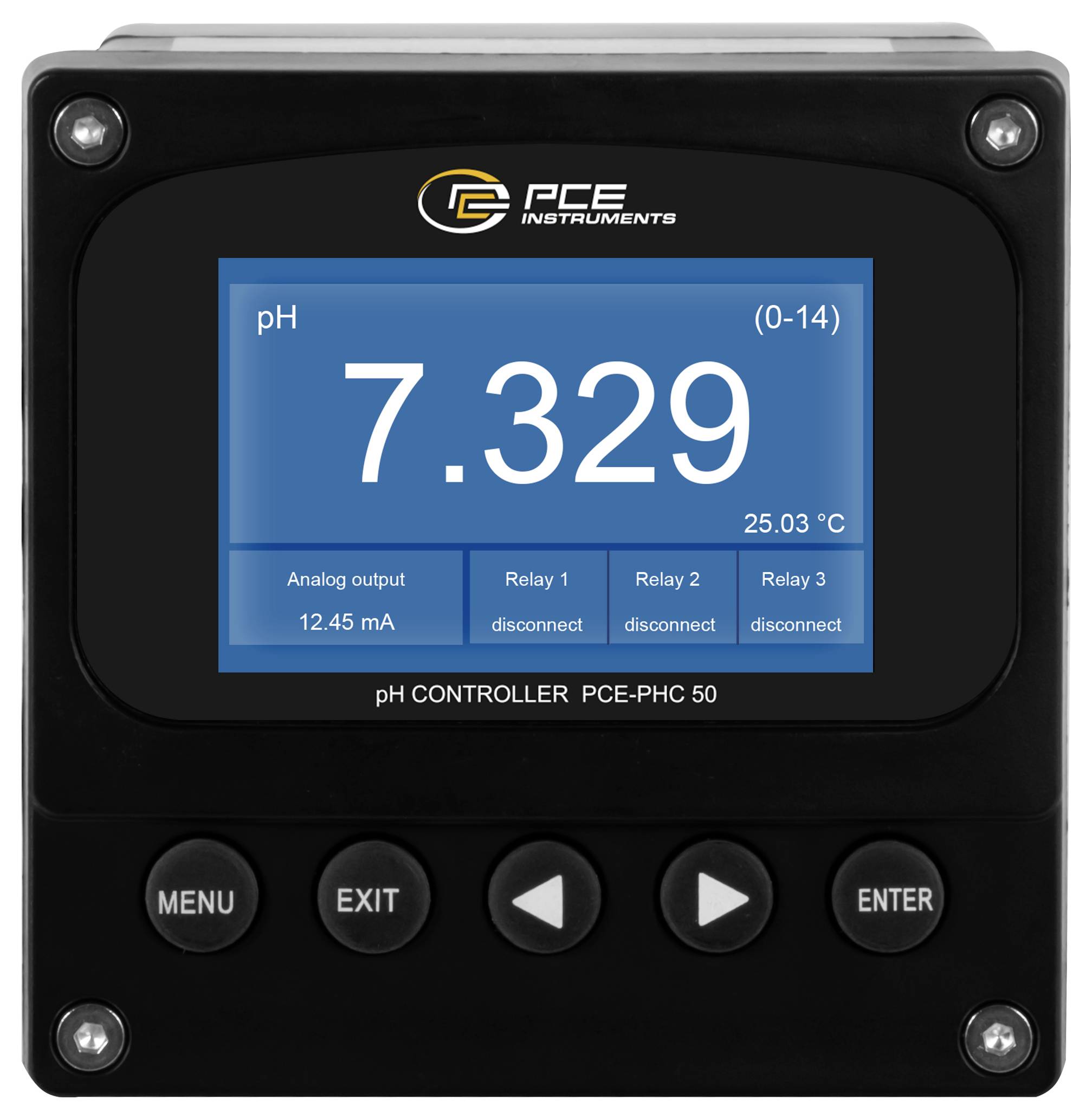 Digitale pH-Controlleranzeige zeigt pH 7,329 und 25,03 °C an, mit analogem Ausgang 12,45 mA und Relais 1-3 nicht verbunden.