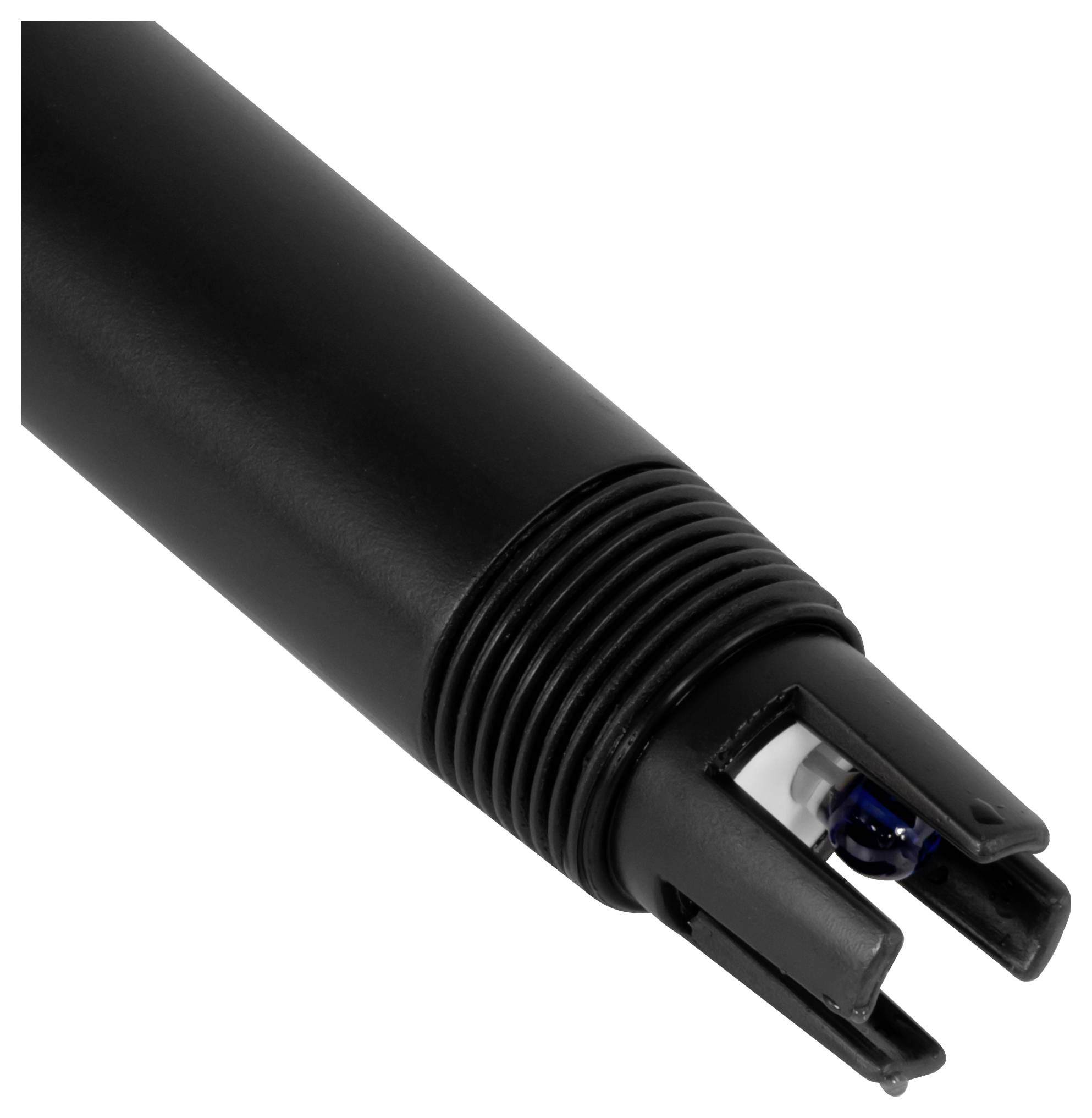 Schwarze tragbare Sonde mit Gewindelgriff und offener gegabelter Spitze mit blauem Sensor/LED im Inneren.