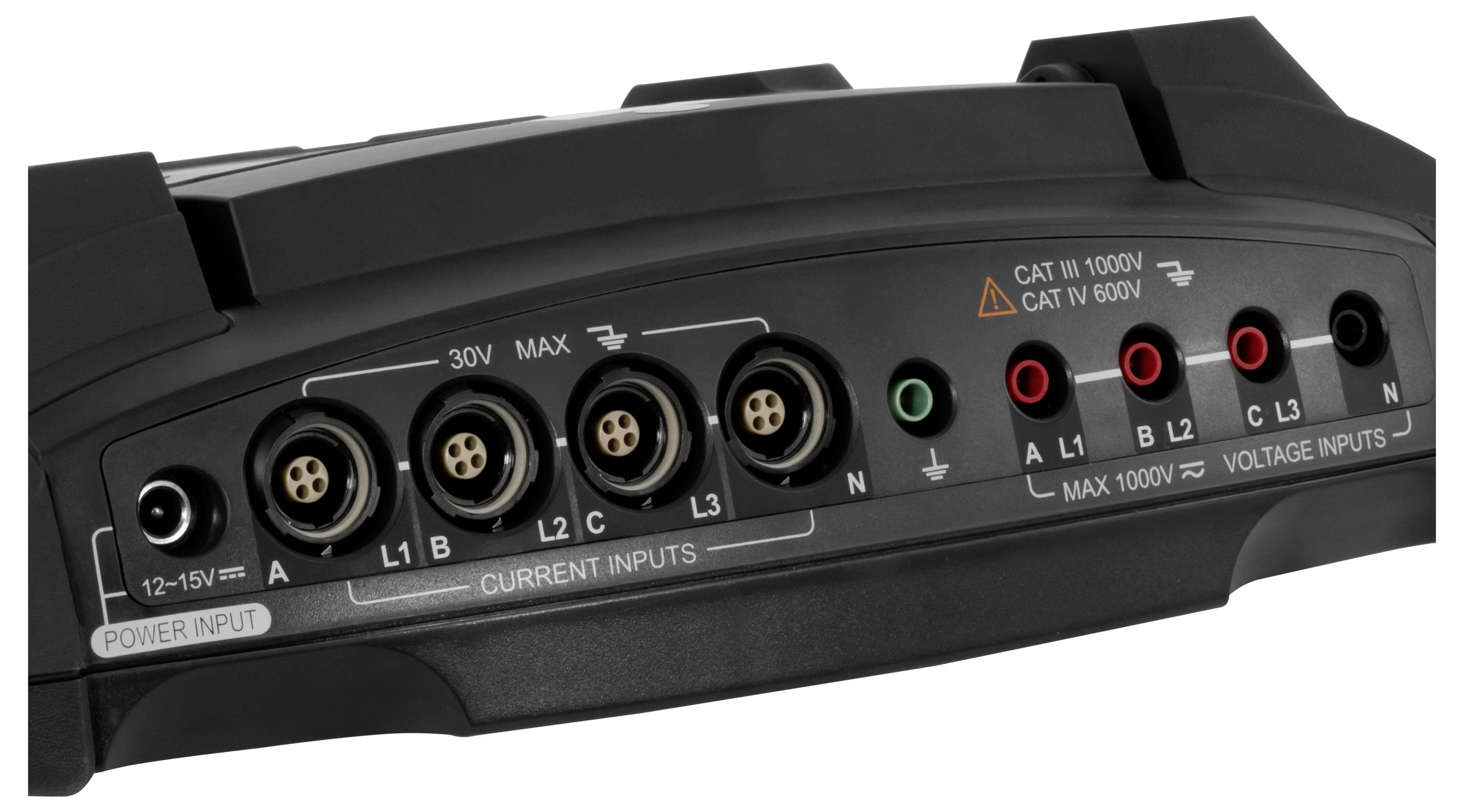 Rückseite eines Leistungs- und Spannungsmessgeräts mit beschrifteten Eingängen: 12–15V Stromversorgungseingang, Stromeingänge A, B, L1, L2, L3, N und Spannungseingänge A, L1, B, L2, C, L3, N.