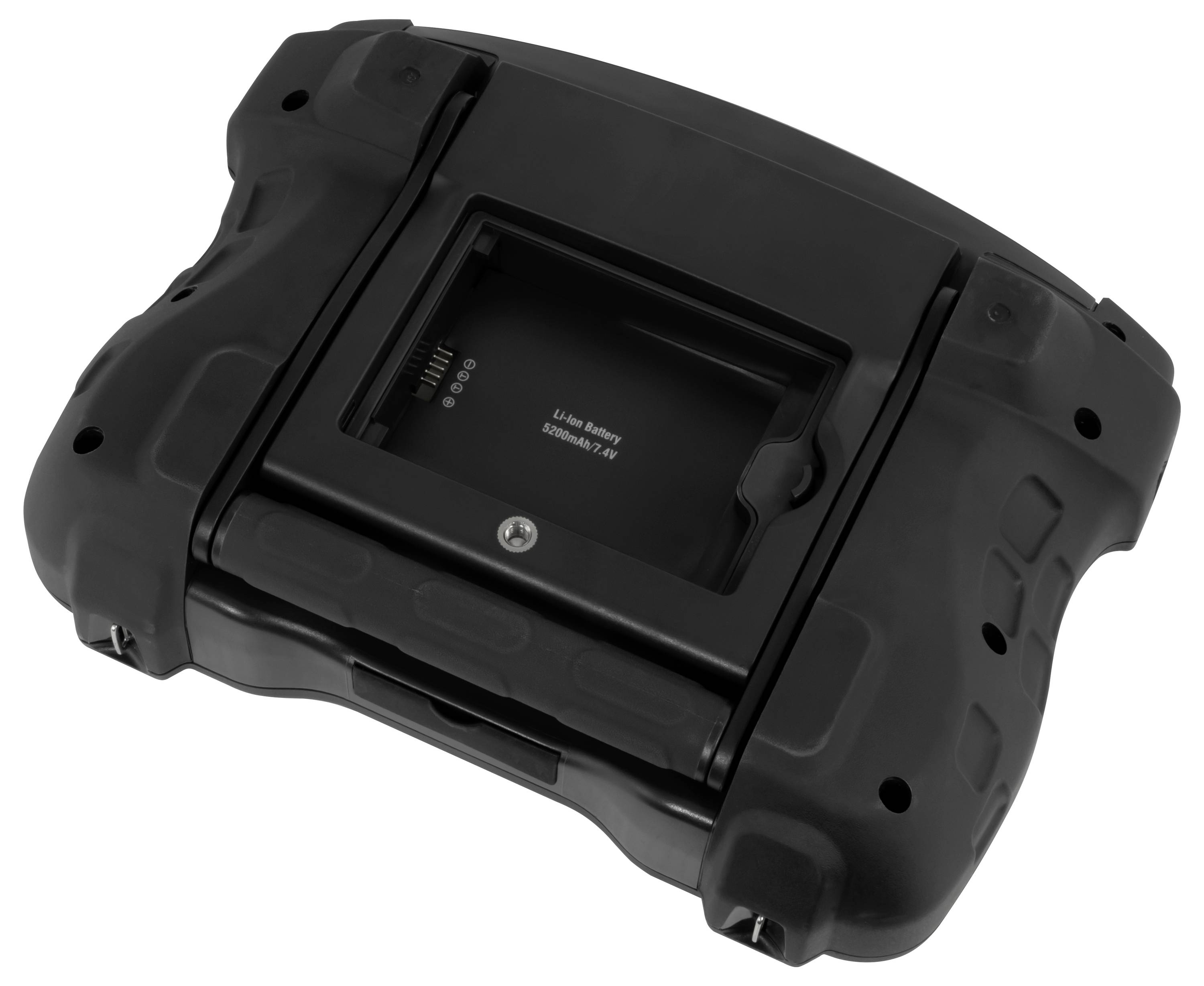 Schwarzes robustes Batteriepack mit eingelassener Anzeige und Kontaktklemmen, isoliert auf weißem Hintergrund dargestellt.