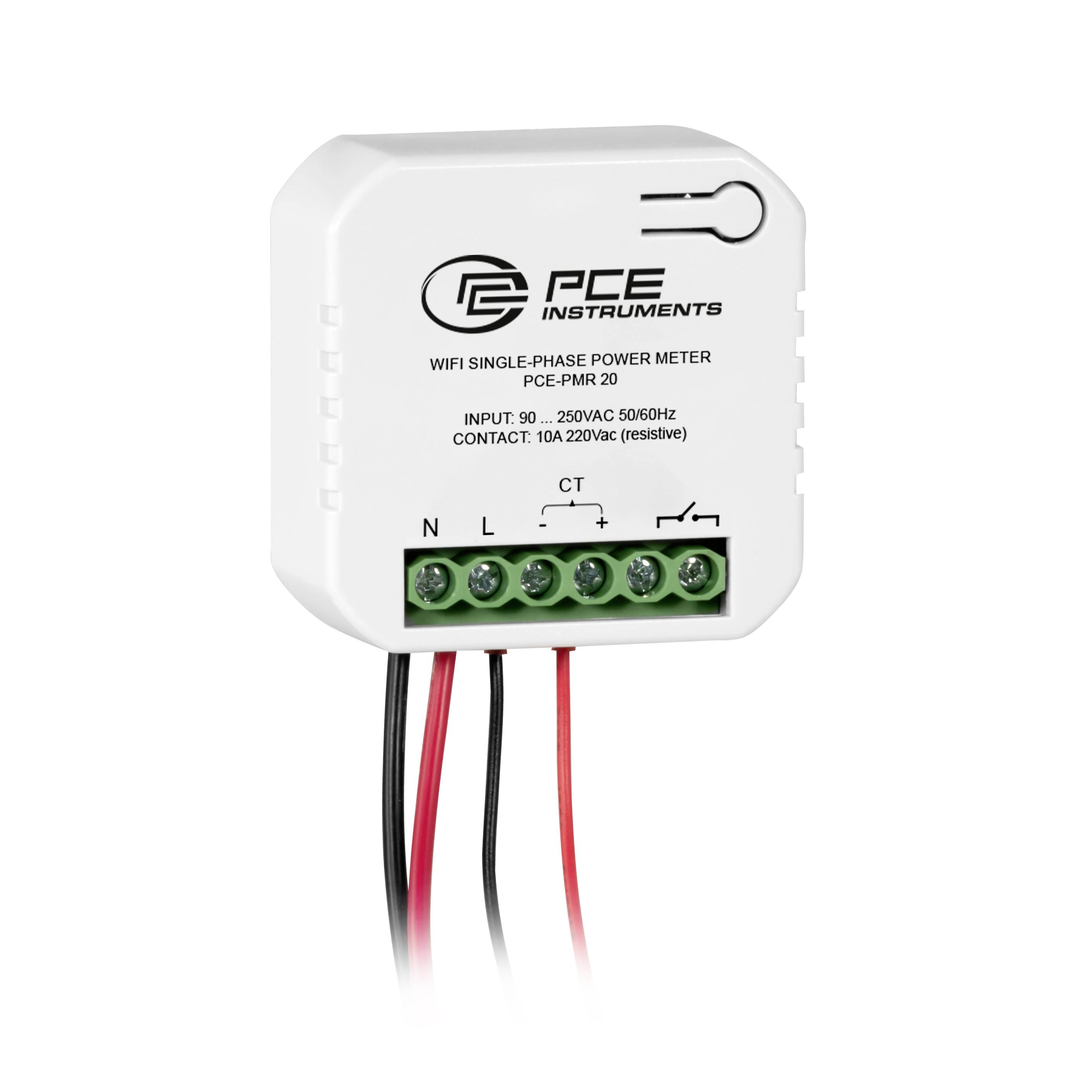 Weißes PCE-Instruments WiFi-Einphasenstromzähler mit Klemmleiste und angebrachten roten/schwarzen Drähten, gekennzeichnet mit „PCE-PMR 20