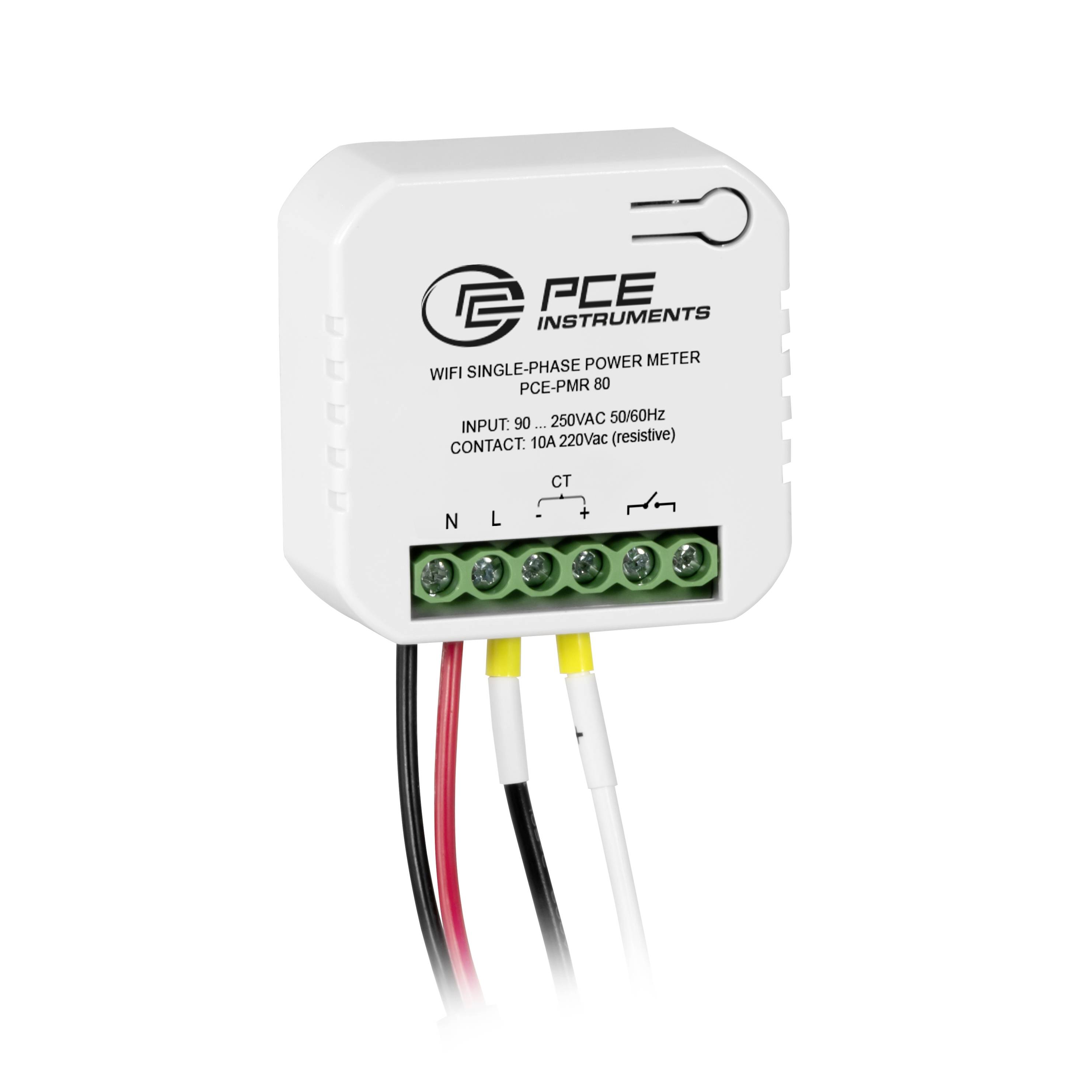 PCE Instruments WLAN-Einphasen-Stromzählermodul mit beschrifteten Klemmenverbindungen und vier angeschlossenen Drähten auf weißem Hintergrund.