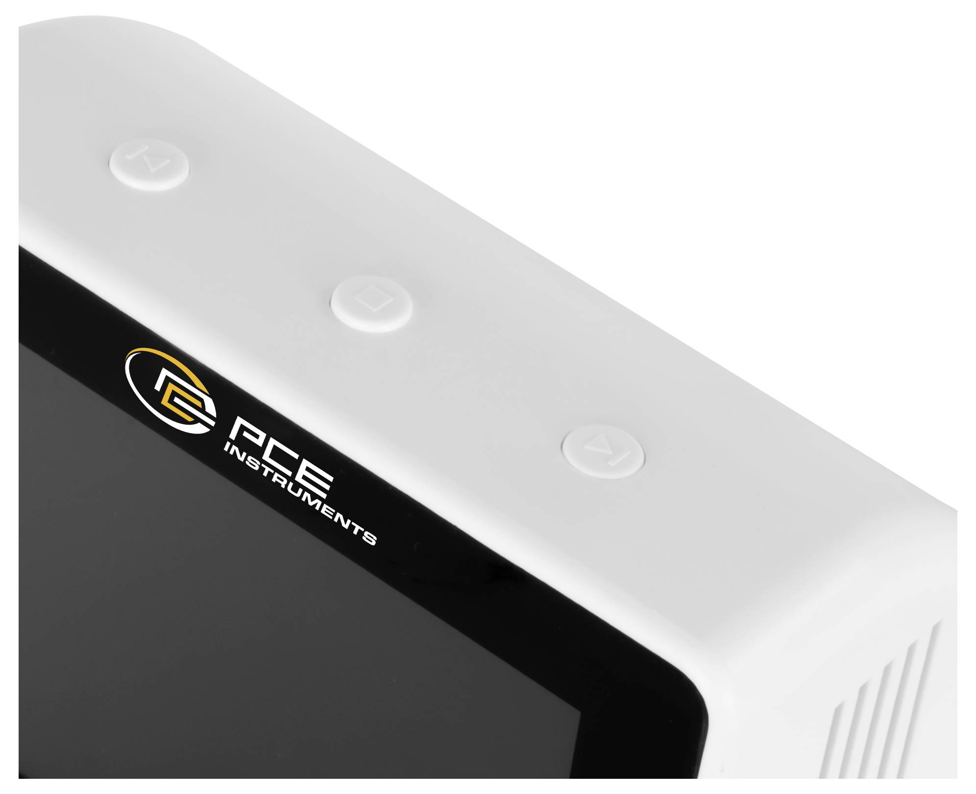 Nahaufnahme eines weißen PC-Monitors oder Displays mit dem Logo 