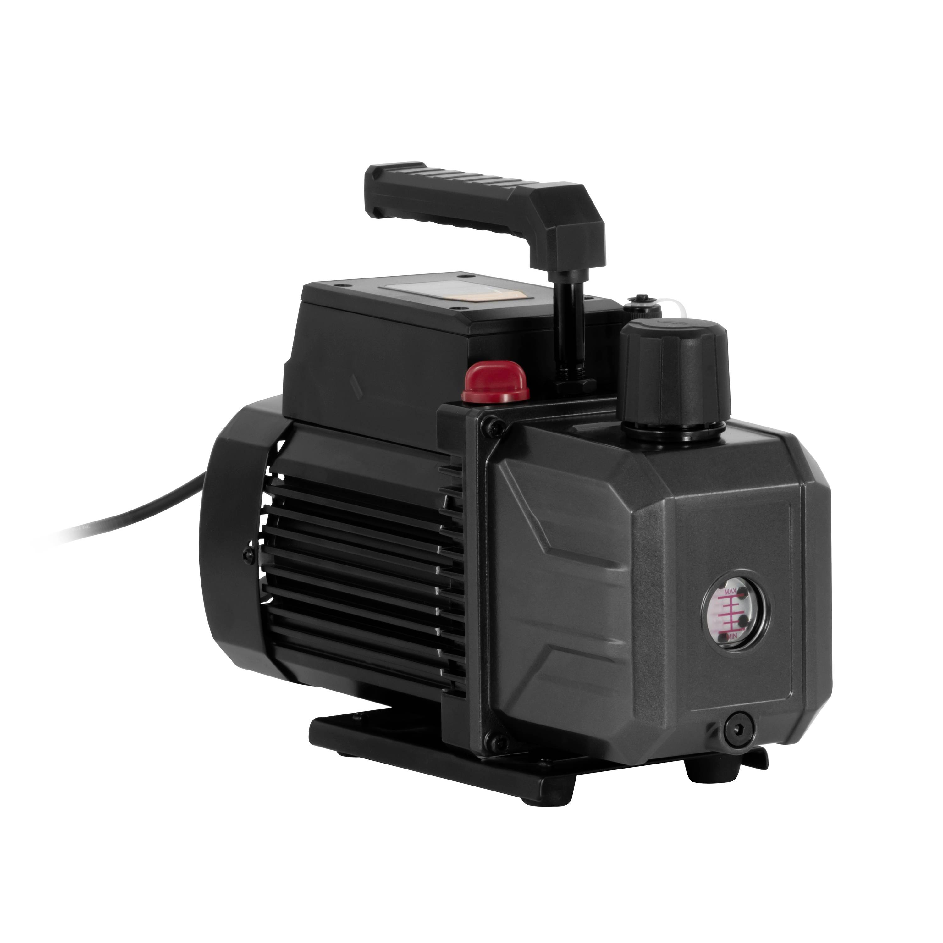 Tragbare schwarze elektrische Vakuumpumpe mit Griff, Stromkabel und Druckmesser auf weißem Hintergrund.