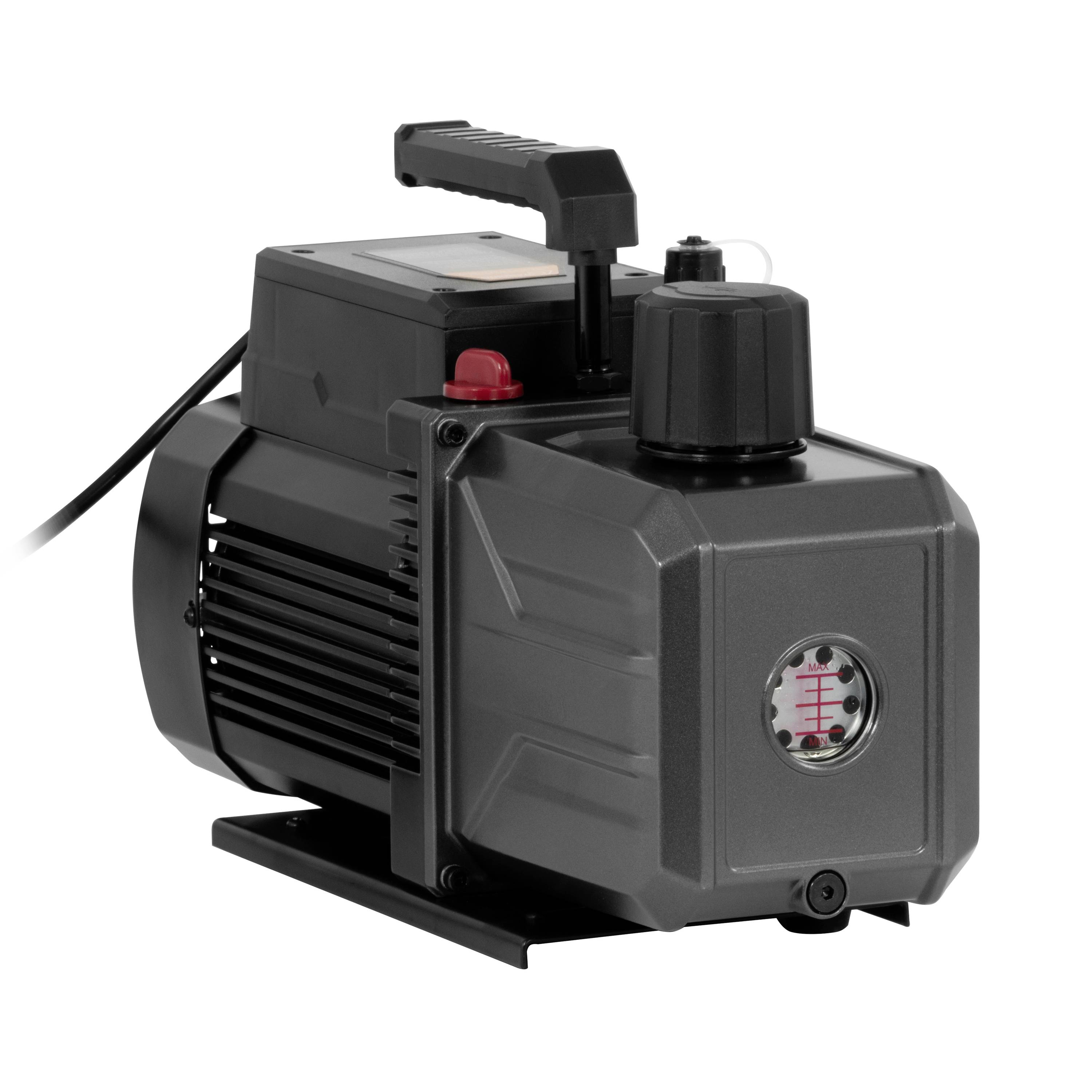 Schwarze elektrische Wasserpumpen-/Motoreinheit mit Griff, Druckmesser und Einlasskappe auf weißem Hintergrund.