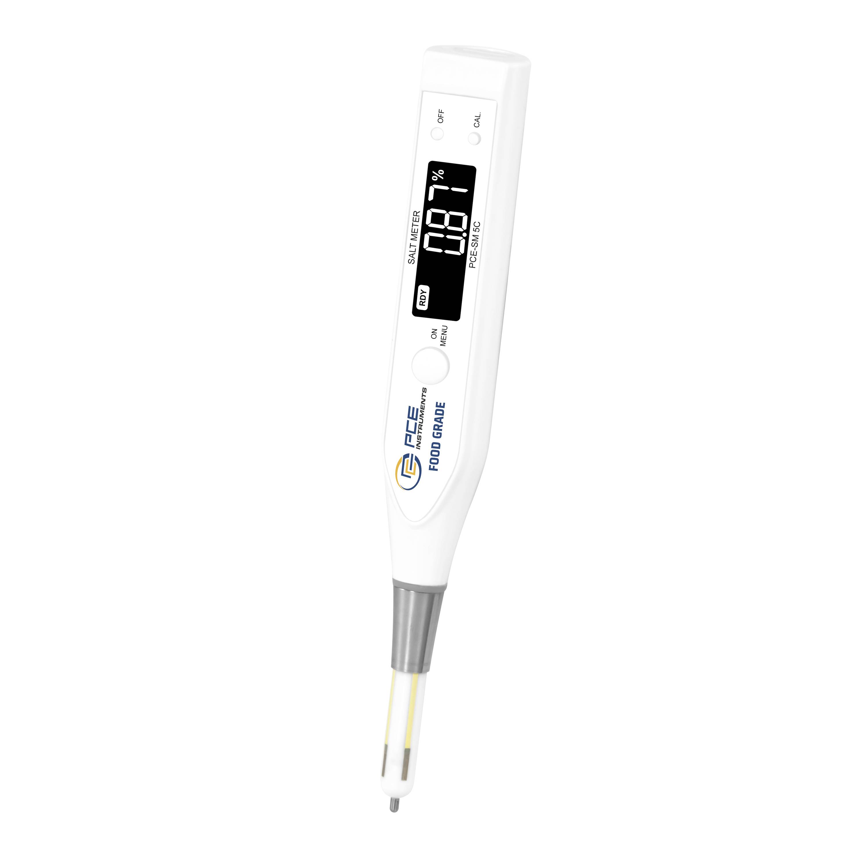 Digitales weißes Thermometer mit LCD-Anzeige, die 98,7°F anzeigt, und Markenlogo, auf weißem Hintergrund dargestellt.