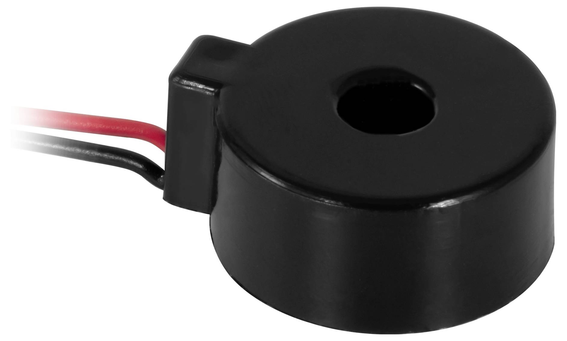 Schwarzer runder Stromwandler-Sensor mit zentralem Loch und roten und schwarzen Drähten, die von der Seite herausragen