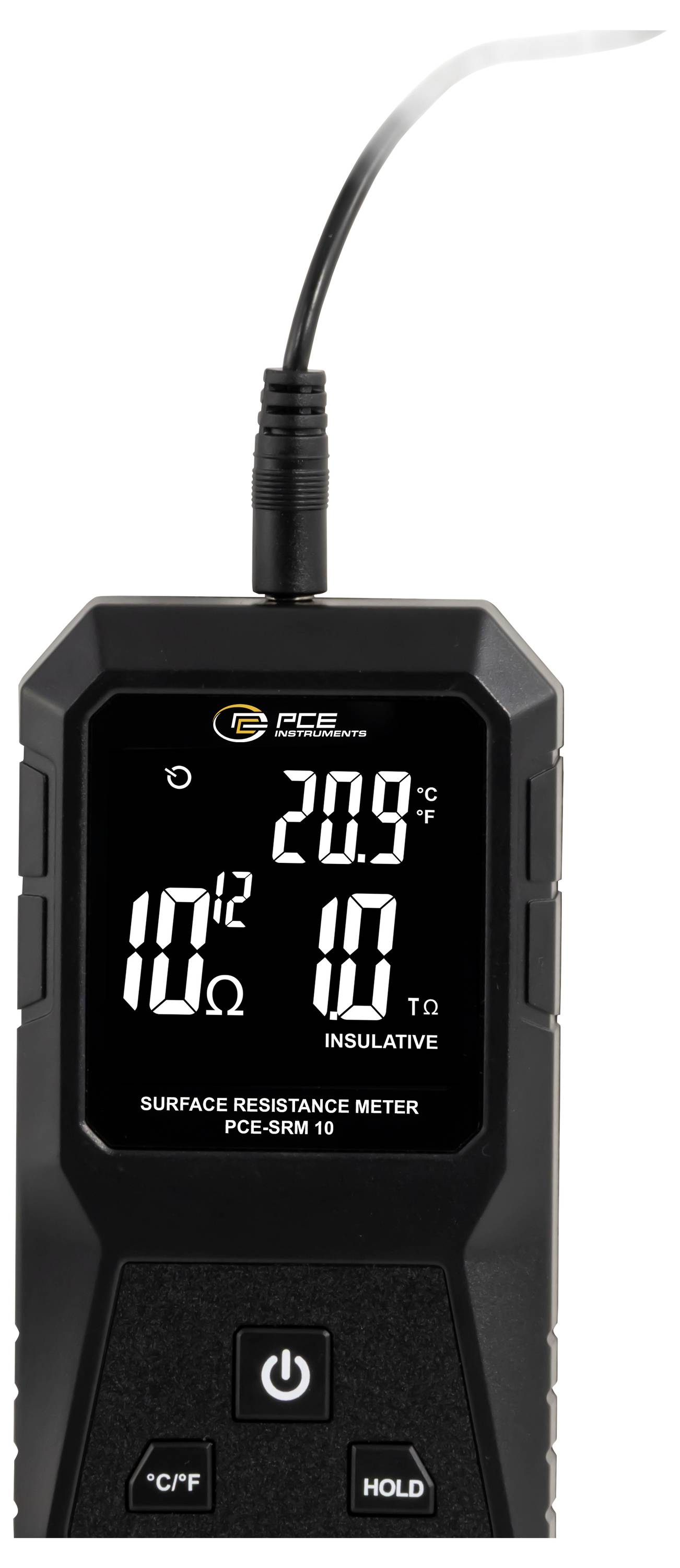Tragbares Oberflächenwiderstandsmessgerät mit Anzeige von 20,9°C und 10 12 Ohm, mit Ein-/Aus-Taste, °C/°F- und Hold-Taste.