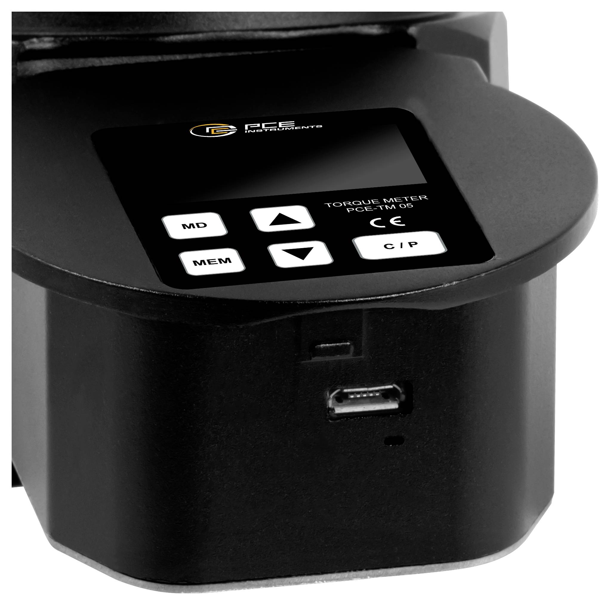 Digitales schwarzes Drehmomentmessgerät mit Display und Tasten mit den Bezeichnungen MD, MEM, C/P und Pfeiltasten, Vorderansicht mit USB-Anschluss.