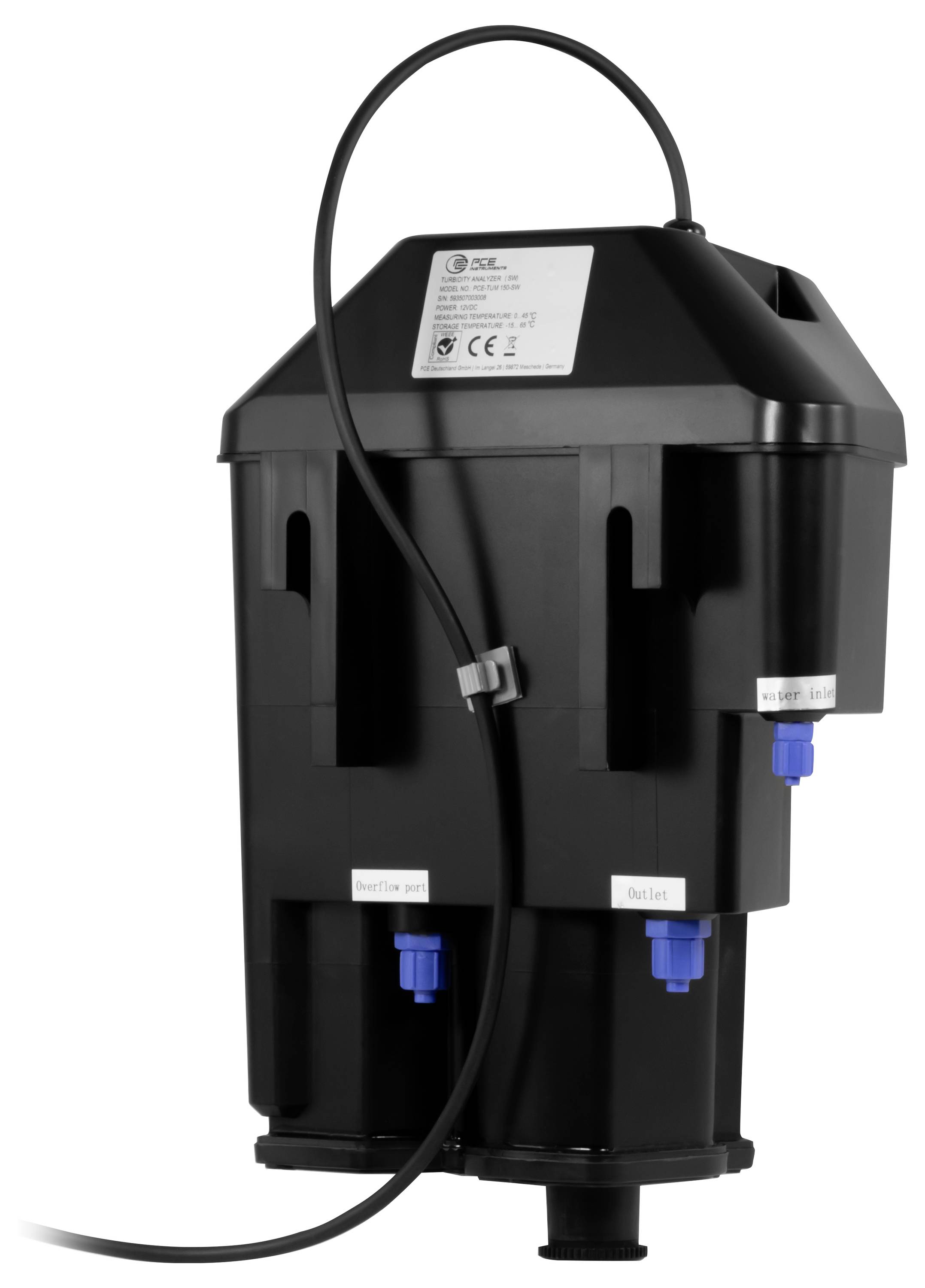 Schwarze Industrie-Pumpe oder Filtrationsmittel mit oberem Tragegriff und mehreren blauen Schlauchverbindungen, gezeigt auf weißem Hintergrund.