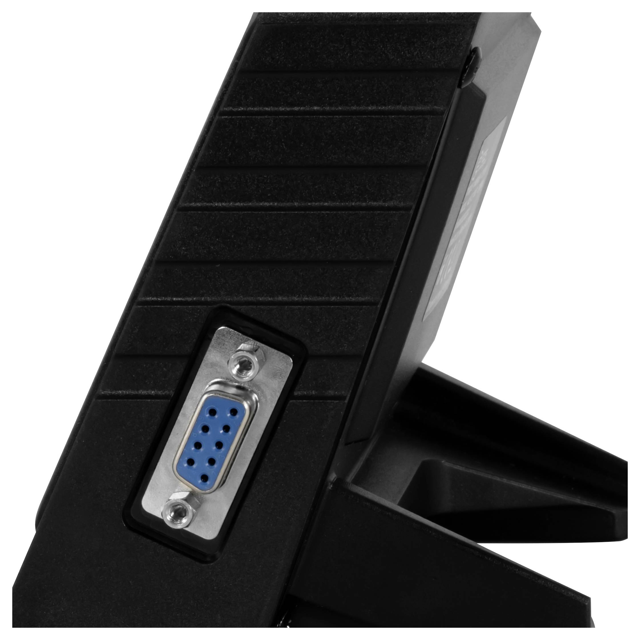 Schwarzes elektronisches Gerät oder Monitorständer mit blauem 9-poligem Seriellstecker auf der Rückseite.