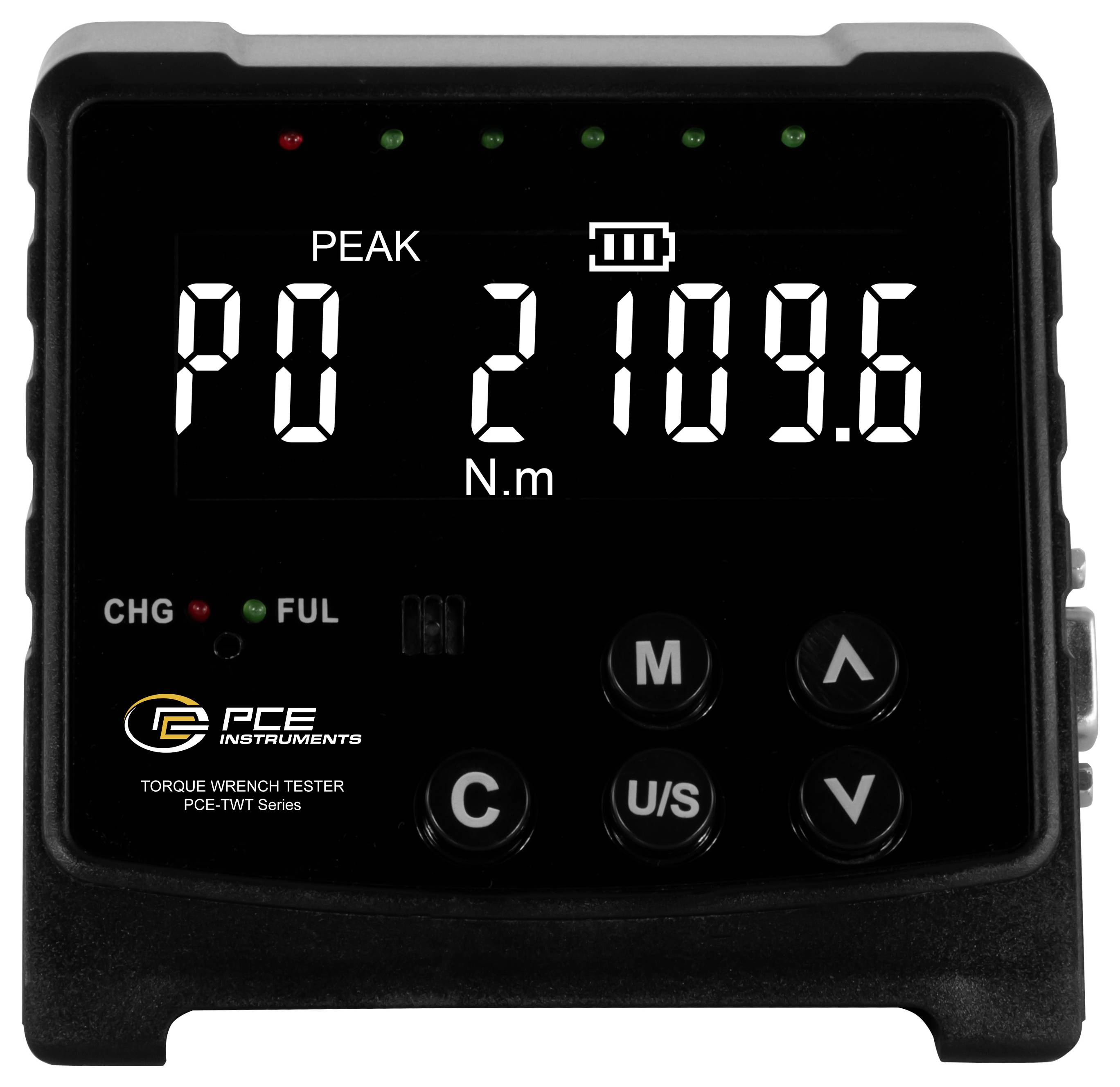 Digitales Drehmomentschlüssel-Prüfgerät mit Anzeige, die eine Spitzendrehmoment von 2109,6 N.m zeigt, mit Batterieindikator und Bedientasten.