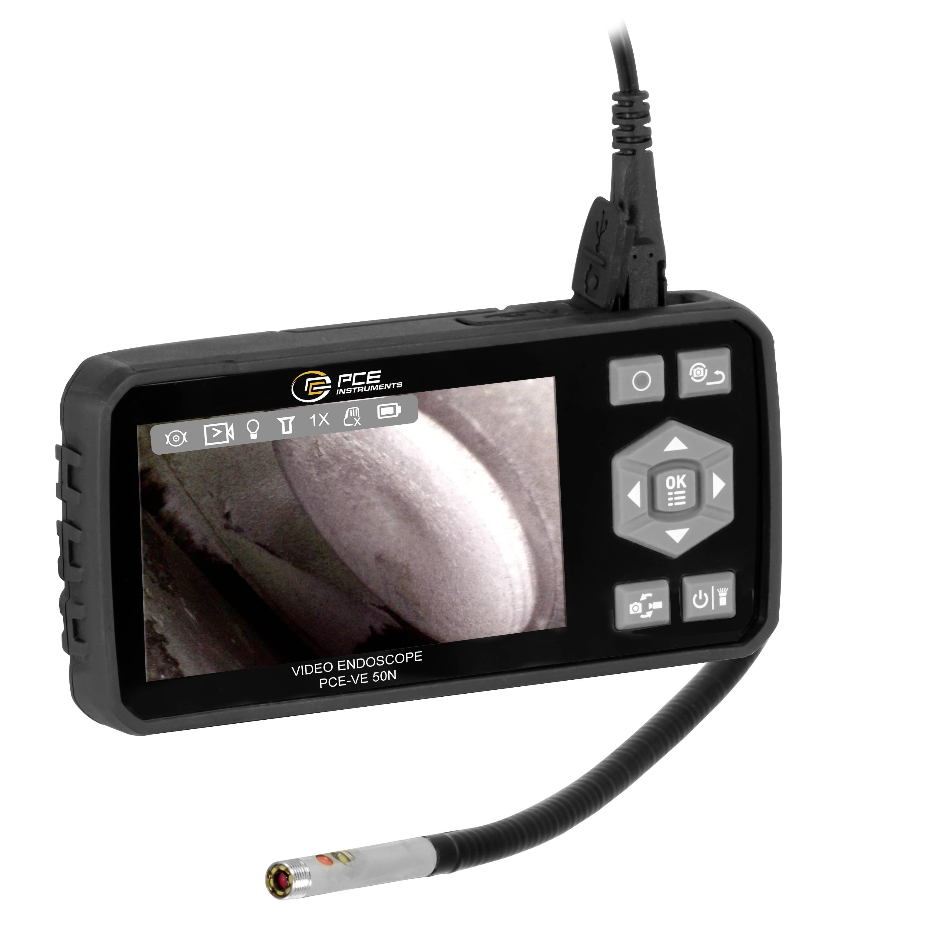 Tragbares Videendoskop mit Bildschirm und flexibler Sonde, das eine vergrößerte Inspektionsansicht auf dem Monitor anzeigt.