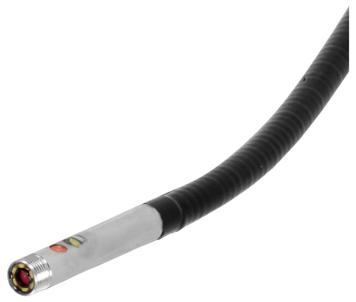 Ein schwarzes gewelltes Kabel mit einer silbernen Metallsteckerkappe und kleinen farbigen Kontrollleuchten, gezeigt auf weißem Hintergrund.