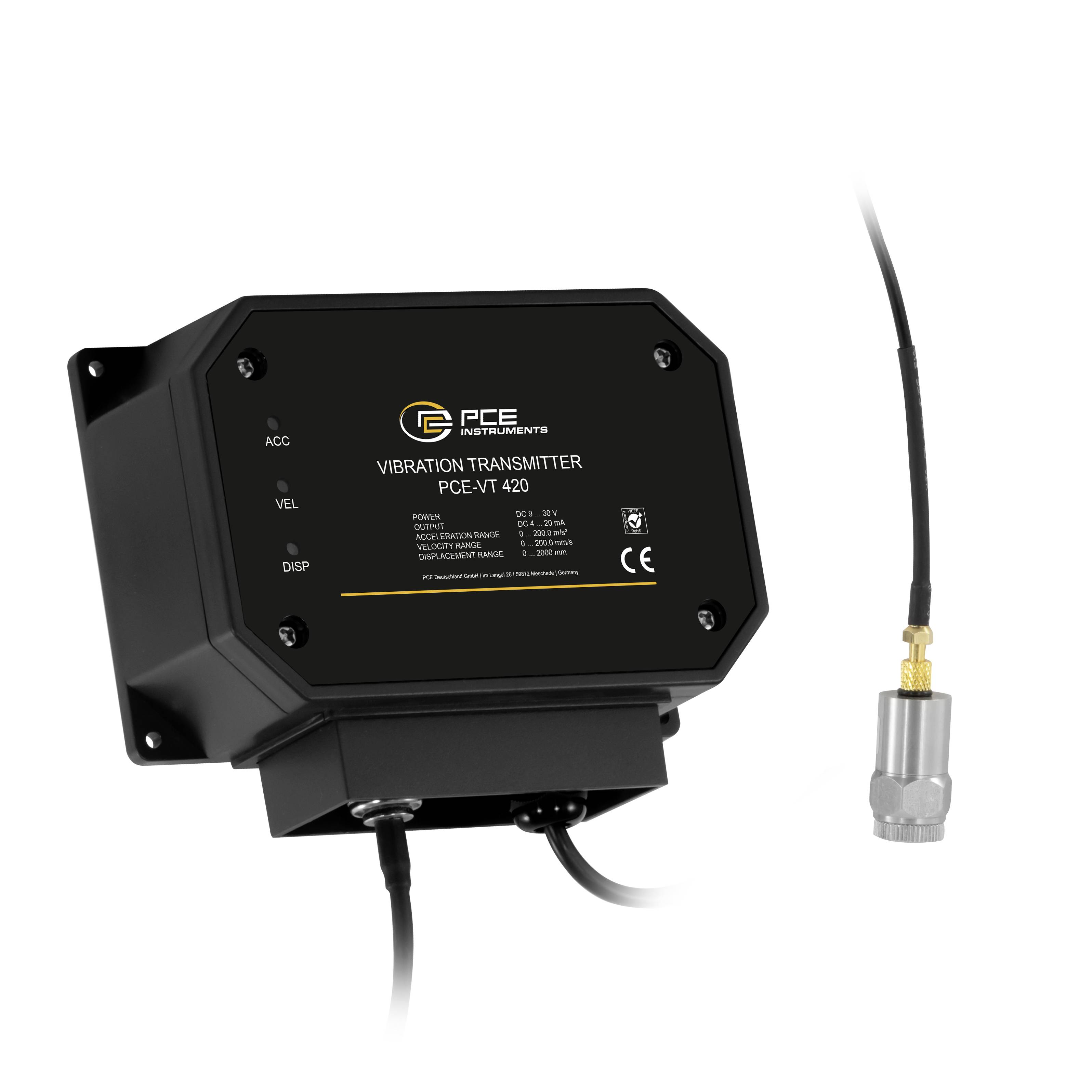 Black PCE Instruments Vibrationssender-Einheit mit angeschlossenem Kabel und Sensor-Stecker auf weißem Hintergrund.
