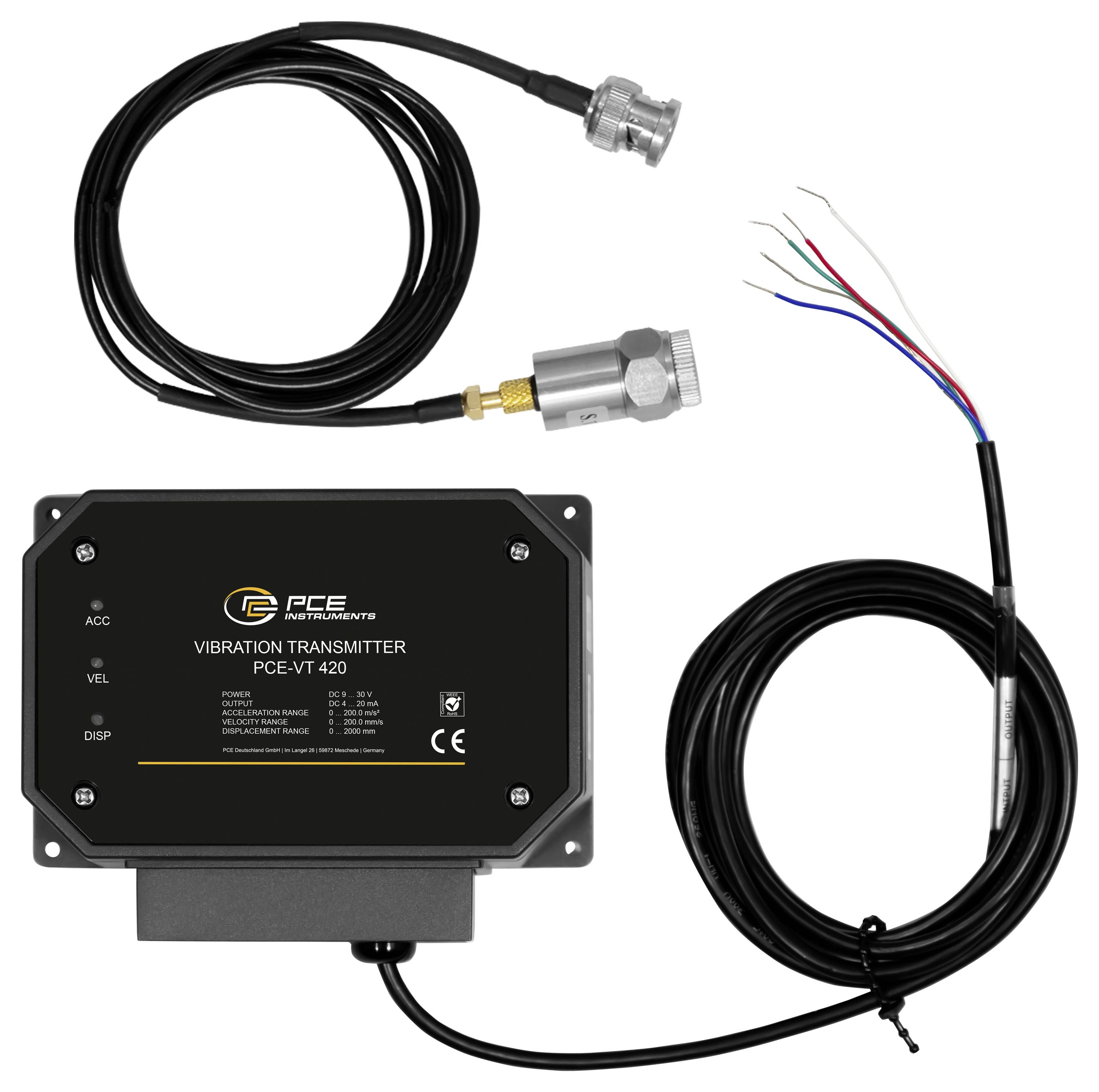 PCE-Vibrationssendereinheit mit zwei aufgewickelten Sensorkabeln und freiliegenden Drahtanschlüssen zur industriellen Überwachung.
