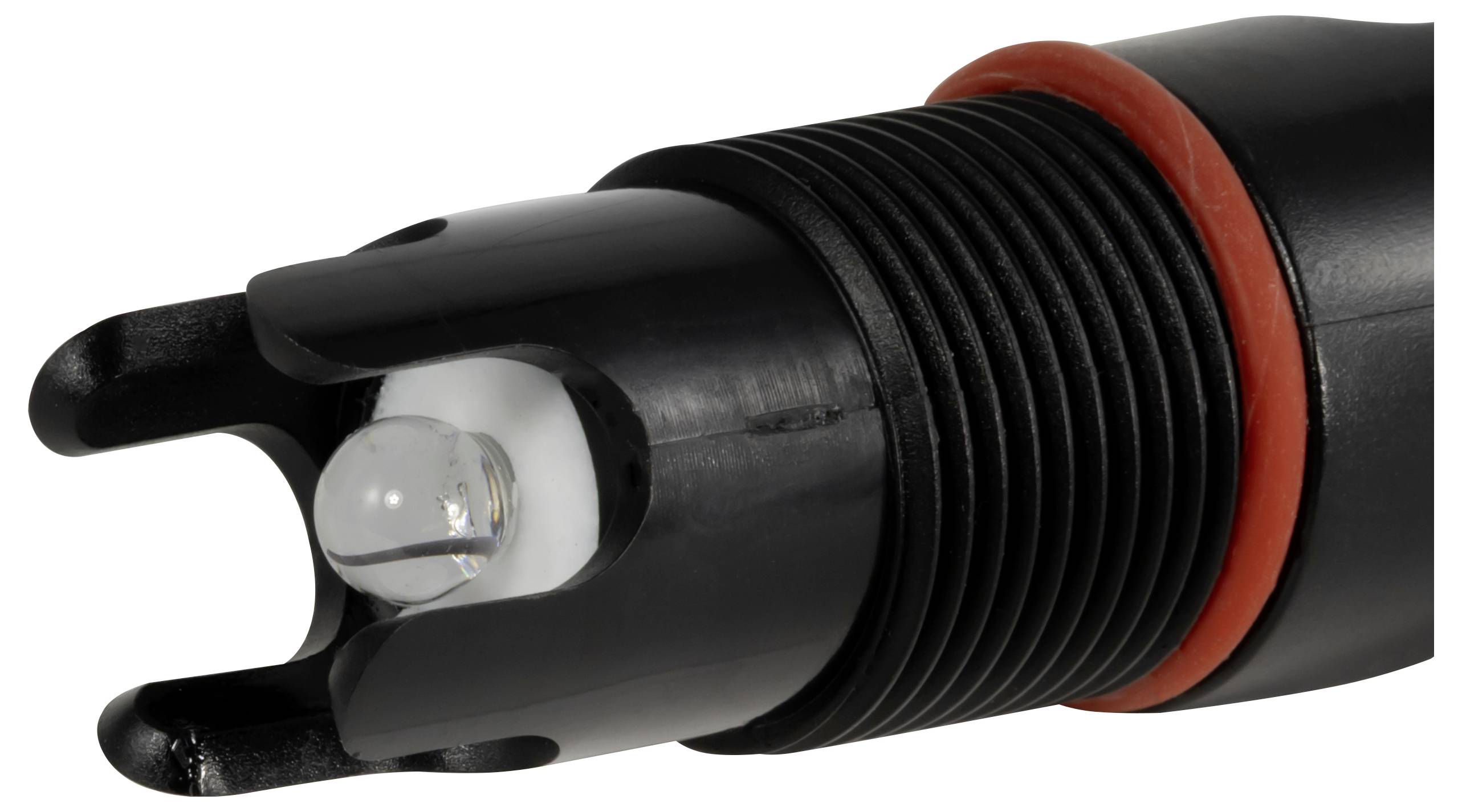 Nahaufnahme eines schwarzen optischen Sensors oder einer Sonde mit klarer Linse, Gewindelleib und rotem Dichtungsring auf weißem Hintergrund.