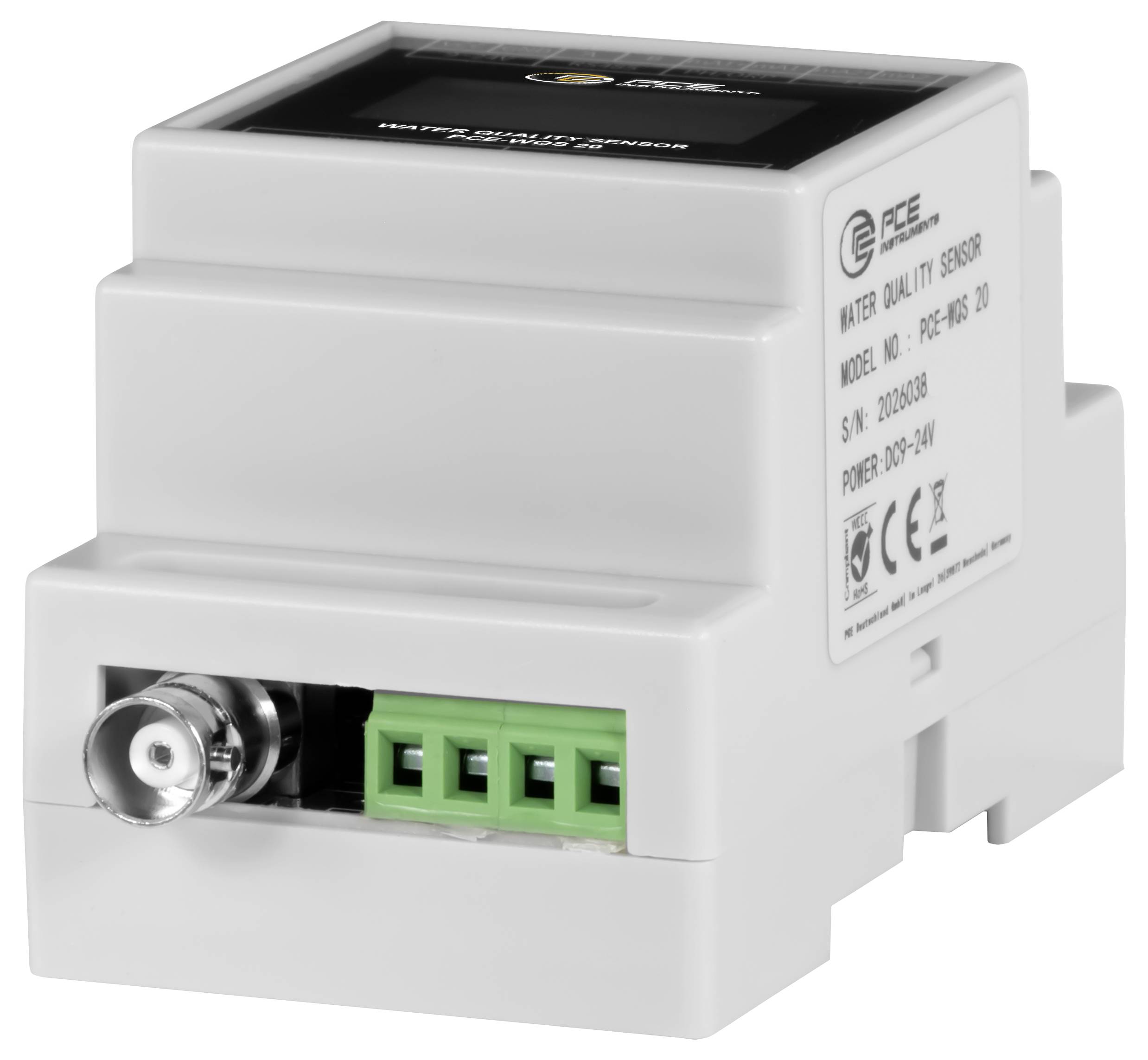 Weißes elektrisches Wassergütesensor-Modul mit BNC-Stecker, grünem Anschlussblock und beschrifteter Seitenpanel.