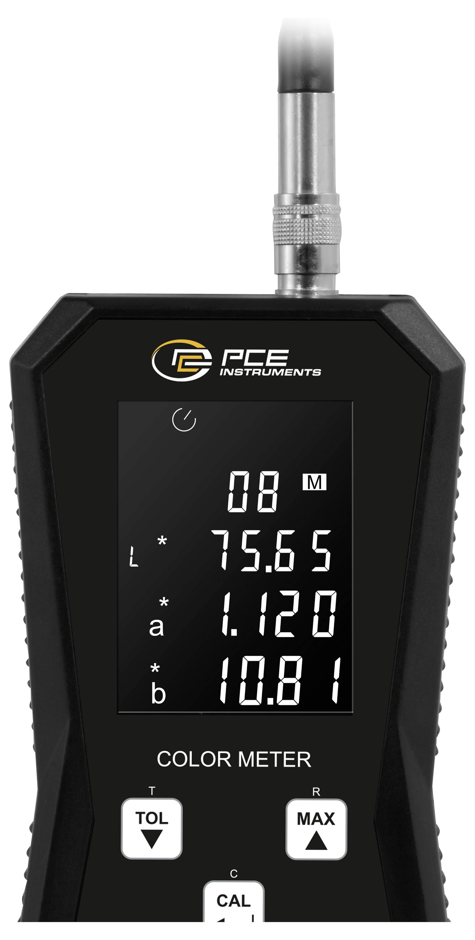 Tragbares PCE-Farbmessgerät mit Sonde, das digitale Messwerte für L-, a- und b-Werte auf seinem Display anzeigt.