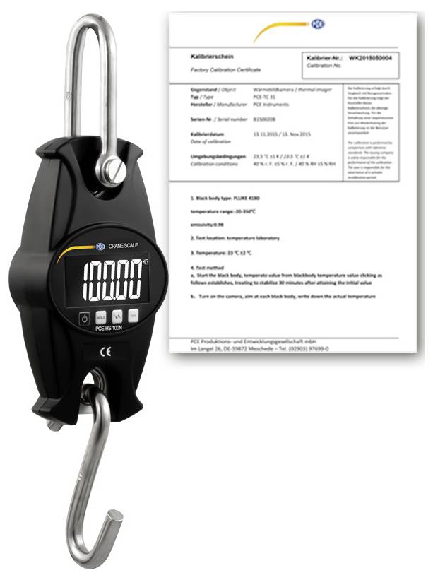 Digitale Kranwaage mit Haken zeigt 10.000 kg neben einem Werkskalibrierungszertifikatdokument an.