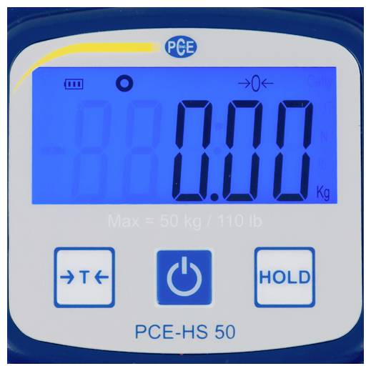 Digitale Skalenbaumzeige, die 0,00 kg auf einem PCE-HS 50 anzeigt, mit Hold- und Tare-Tasten und einem Etikett mit maximaler Kapazität von 50 kg.