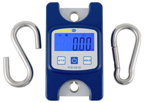 Digitale Hängewaage mit S-Haken auf der linken Seite, Karabiner auf der rechten Seite und blauem Display, das 0.00 anzeigt.