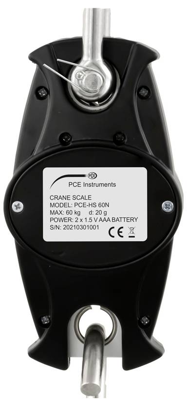Digitale Kranwaage mit Haken und einem Anzeigeschild mit der Aufschrift „PCE Instruments KRANWAAGE MODELL: PCE-HS 600N