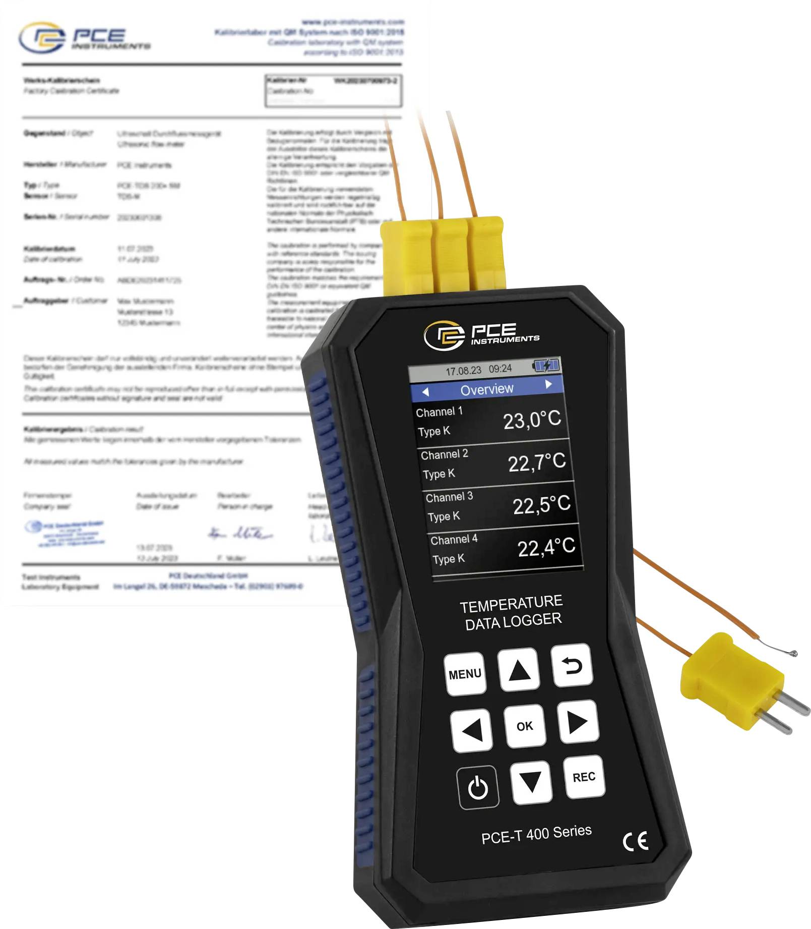 PCE-T 400 Serie Temperaturdatenlogger mit vier Thermoelement-Sonden, abgebildet zusammen mit einem Kalibrierzertifikat.