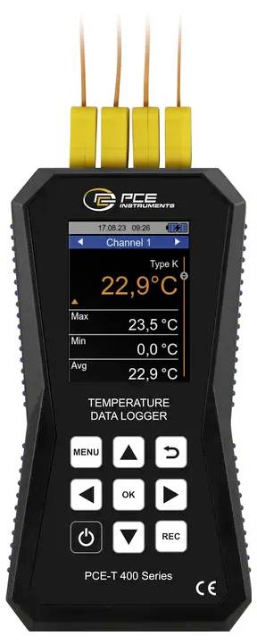 Tragbares PCE-Messinstrument Datenlogger für Temperatur mit Typ-K-Anzeige von 22,9°C, max 23,5°C, min 0,0°C und Durchschnitt 22,9°C.