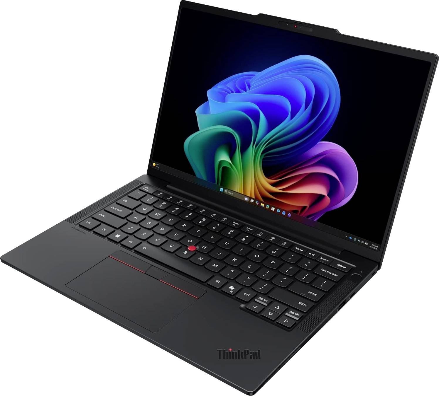 Schwarzer Lenovo ThinkPad Laptop in einem Winkel geöffnet, zeigt eine Windows 11-artige bunte abstrakte Tapete auf dem Bildschirm.