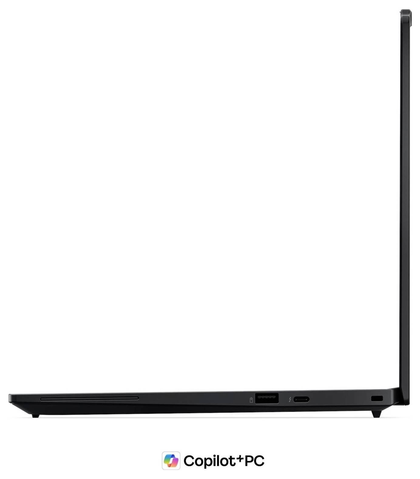 Seitenansicht eines schlanken schwarzen Laptops mit der Beschriftung „Copilot+PC" auf weißem Hintergrund.