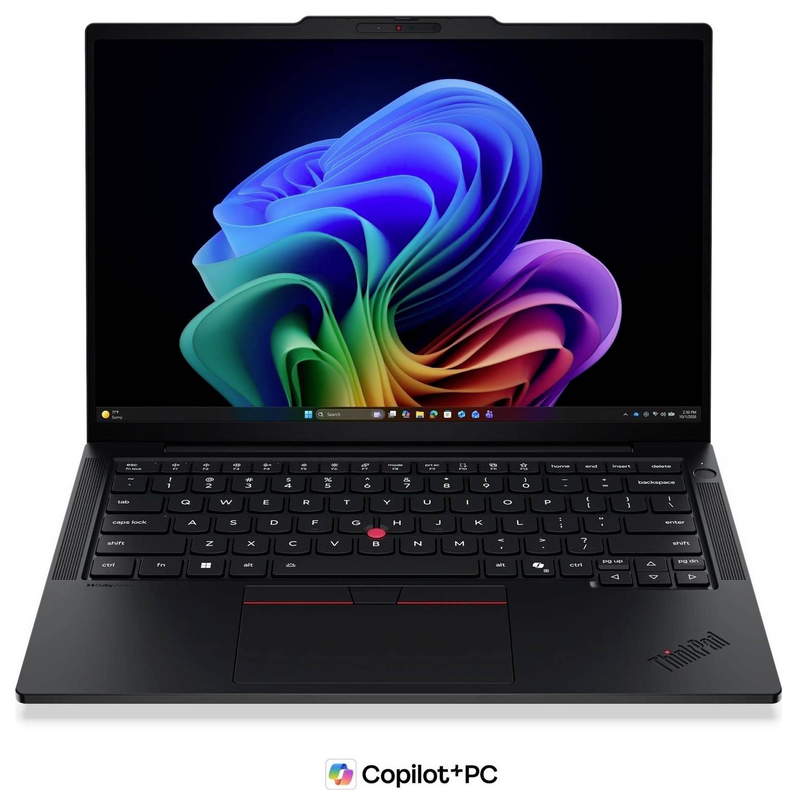 Schwarzer Lenovo ThinkPad-Laptop mit Windows 11-Hintergrund und „Copilot+ PC"-Branding unten dargestellt.