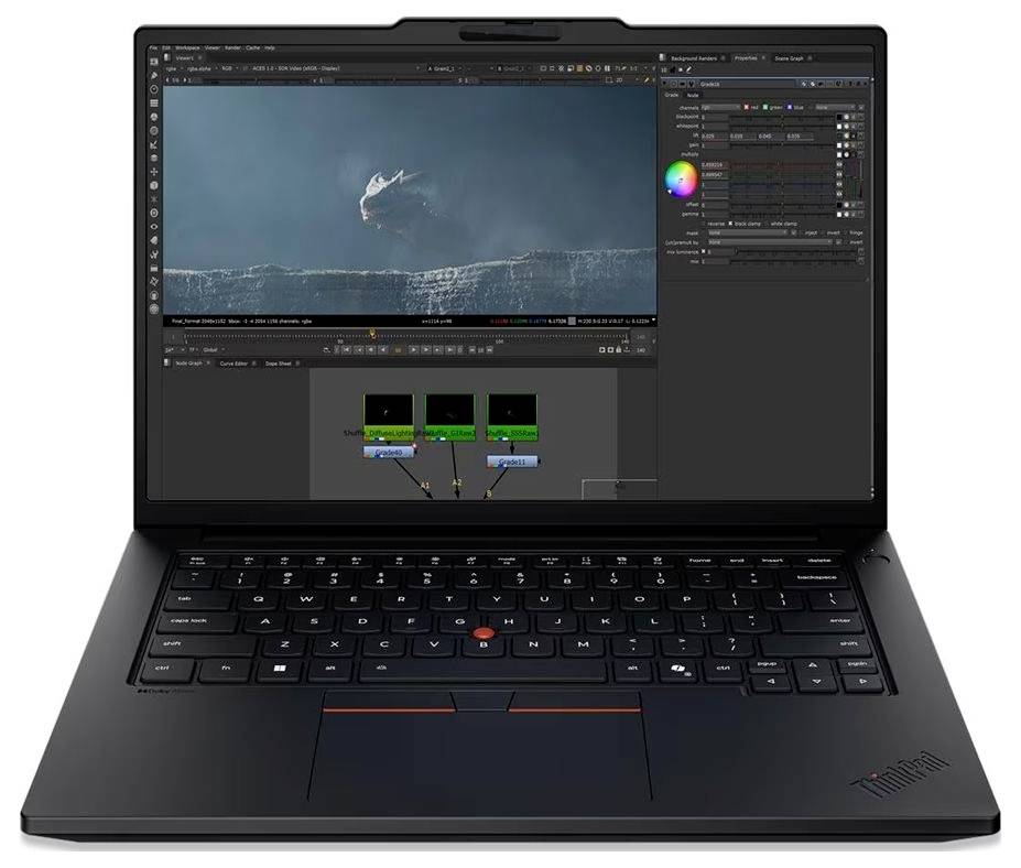 Ein schwarzer Lenovo ThinkPad-Laptop zeigt Video-Editing- oder Compositing-Software mit einem springenden Wal auf dem Bildschirm und einem Knotengraph darunter.