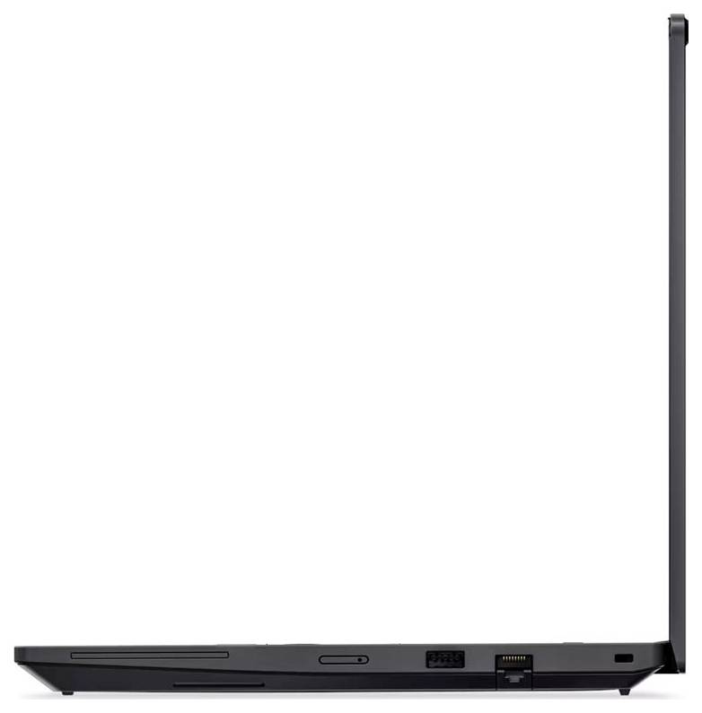 Seitenansicht eines schlanken schwarzen Laptops, größtenteils geschlossen, zeigt Anschlüsse und ein erhöhtes Display-Scharnier auf weißem Hintergrund.