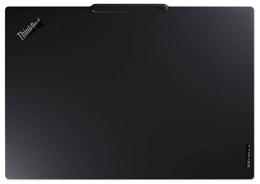 Schwarzer Lenovo ThinkPad Laptop-Deckel, geschlossen und von oben betrachtet, mit ThinkPad-Logo oben links und Lenovo-Branding an der rechten Kante.