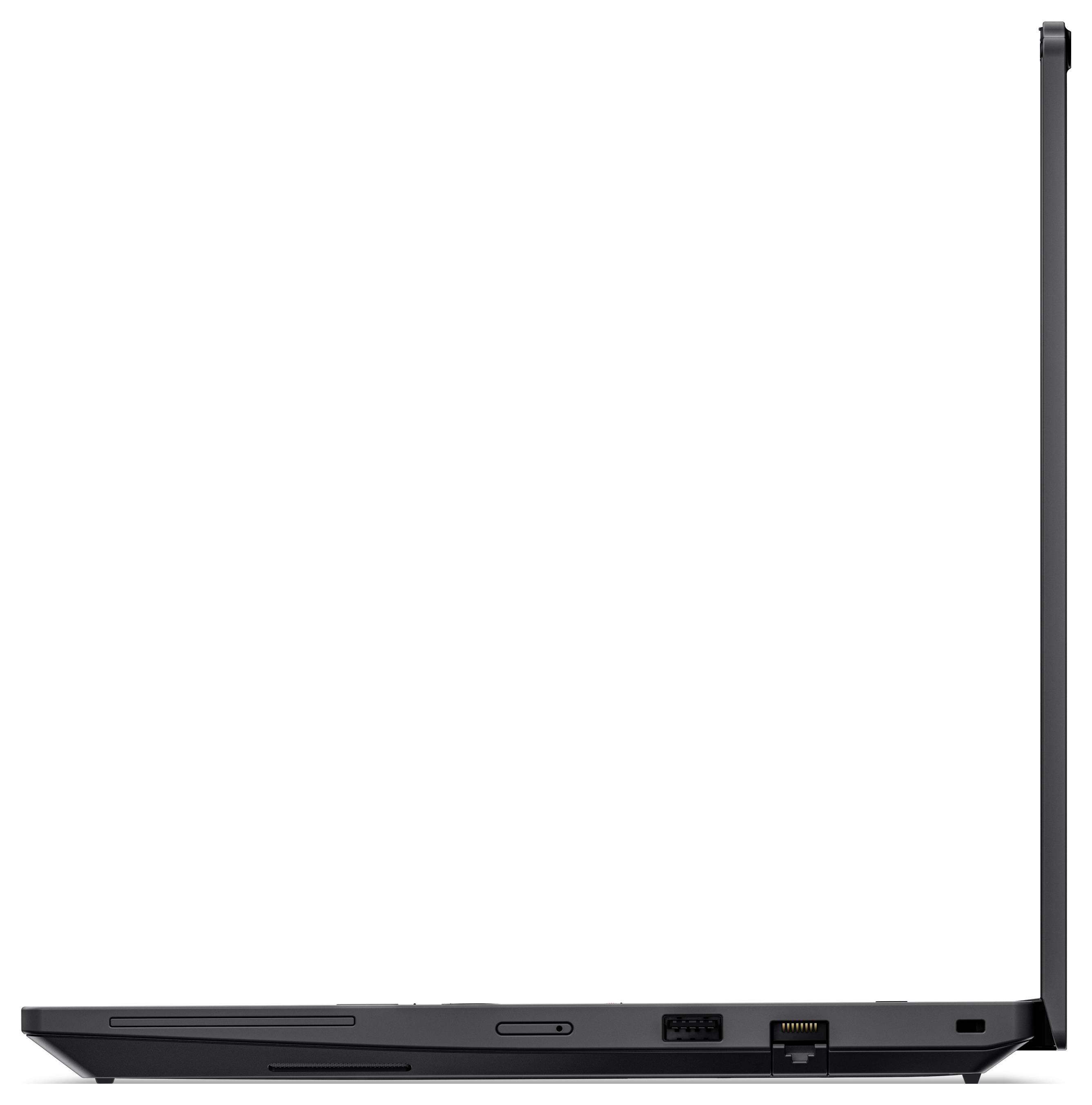 Seitenansicht eines schlanken schwarzen Laptops oder Tablets mit einer hohen beweglichen Displaykante, geschlossen auf weißem Hintergrund.