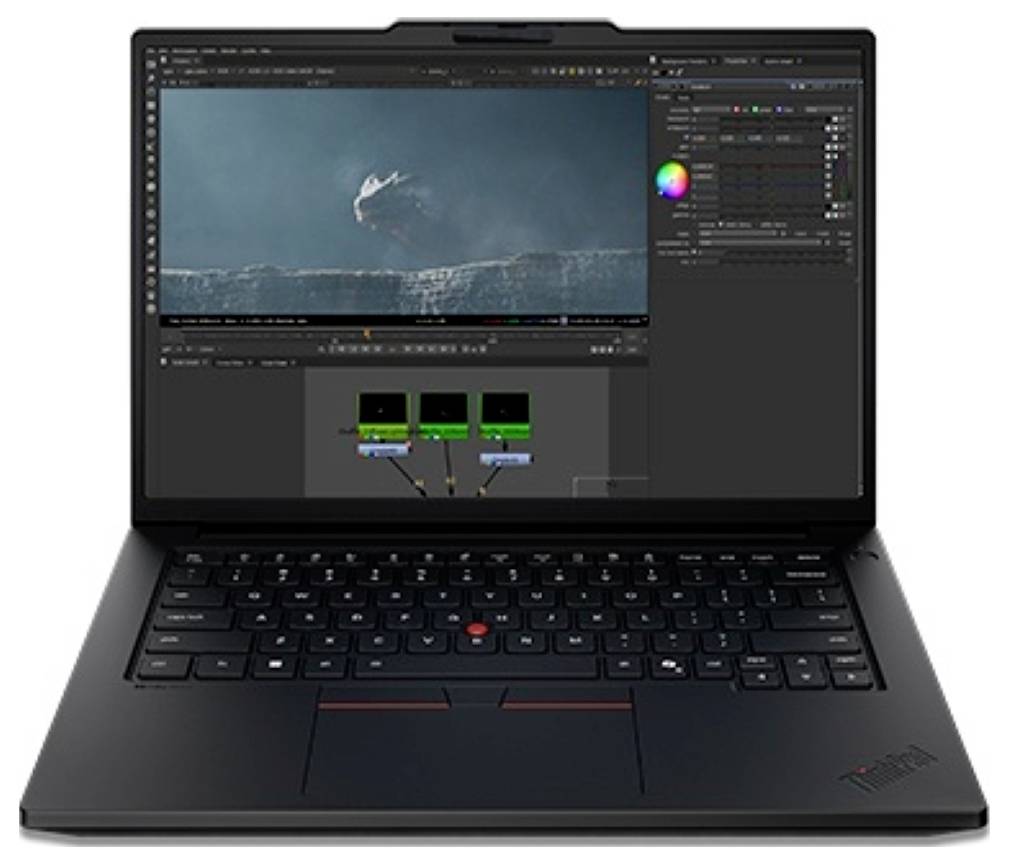 Ein Laptop, auf dem Video-Bearbeitungssoftware mit einer Vorschau einer Person angezeigt wird, die über Wellen springt, sowie Farbsteuerelemente und eine knotenbasierte Zeitleiste darunter.