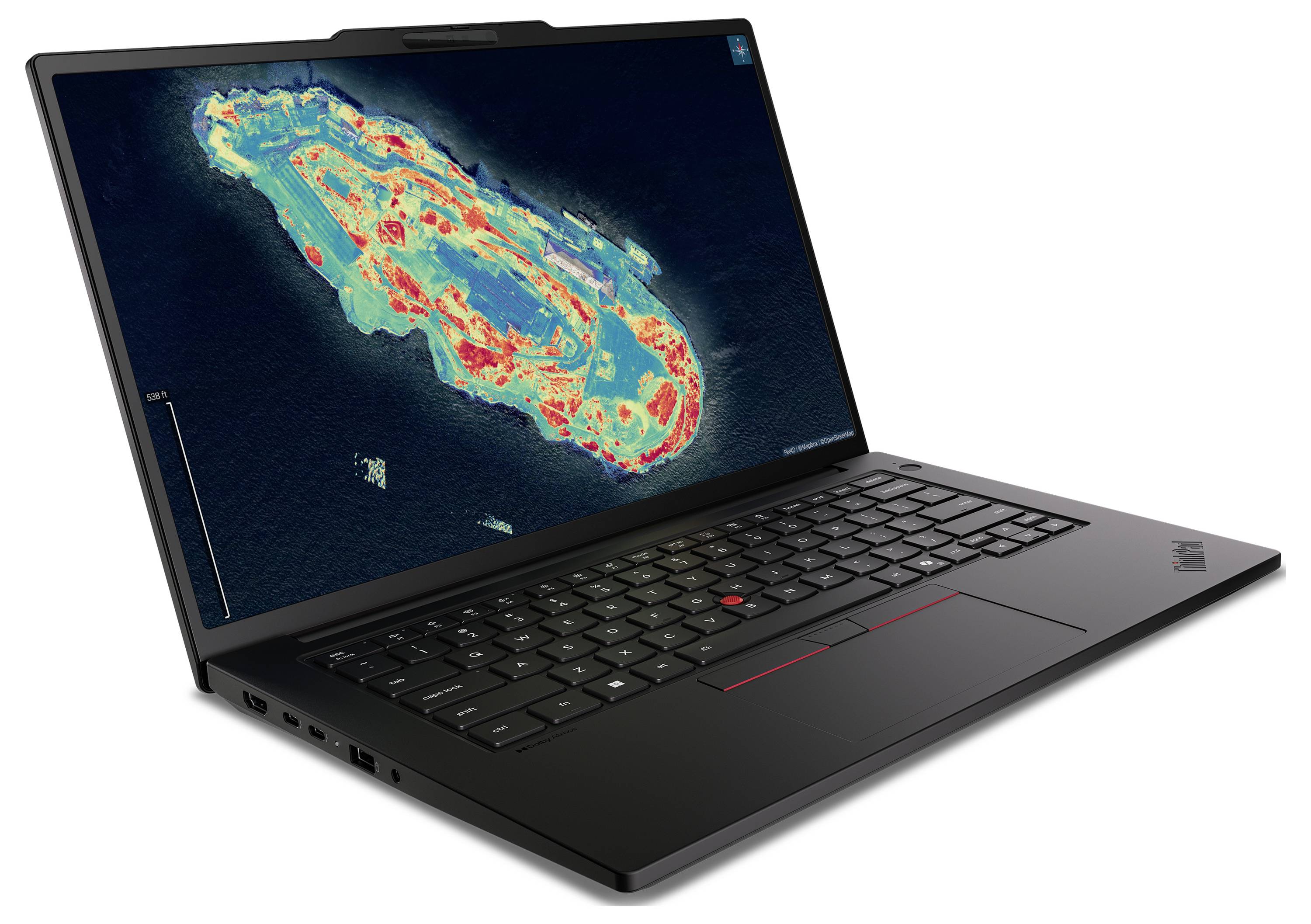 Schwarzer Lenovo ThinkPad-Laptop mit einer farbenfrohen Wärmekarte auf dem Bildschirm, in einem Winkel auf weißem Hintergrund gezeigt.