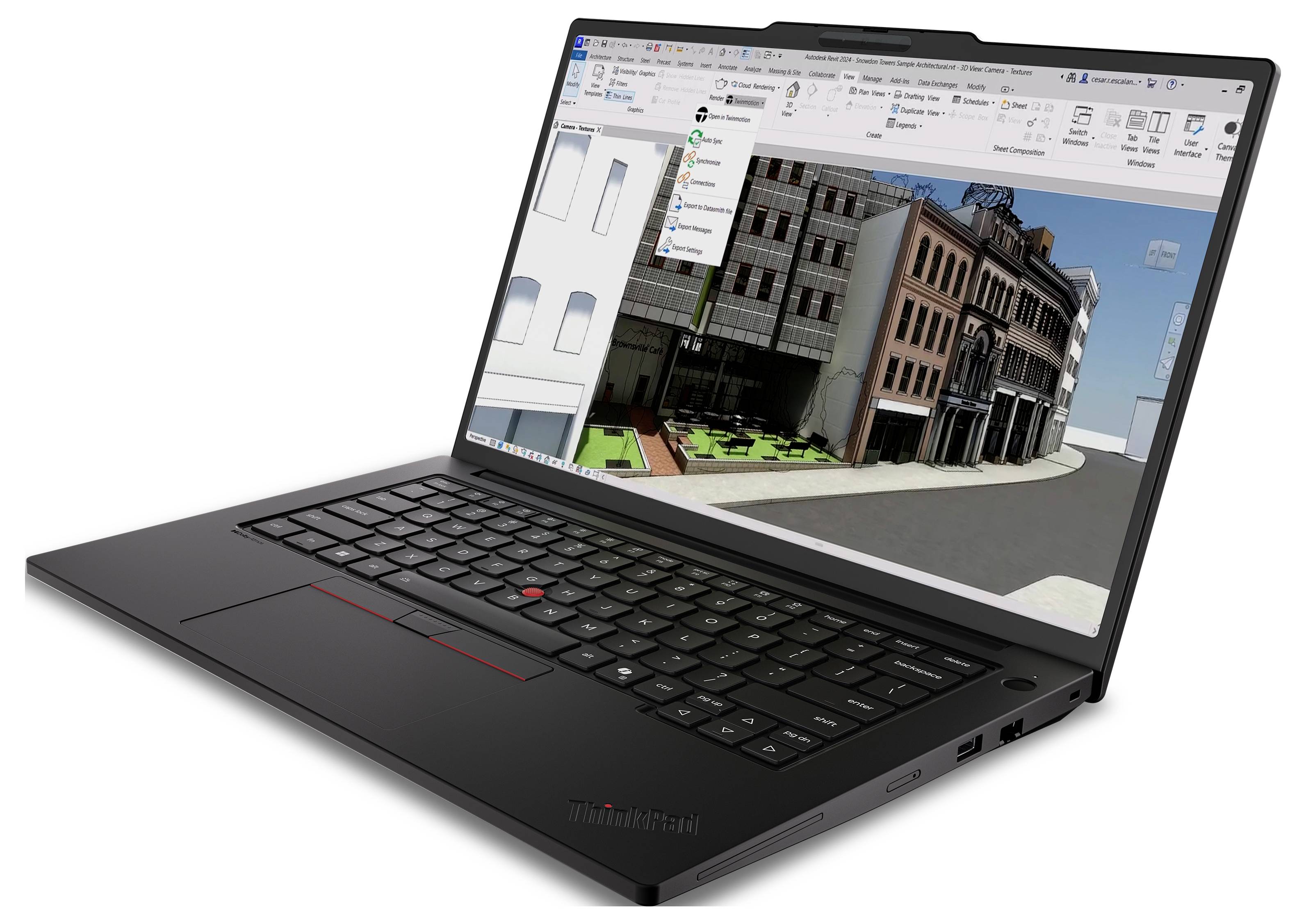 Laptop zeigt ein 3D-Architektursimulationsprogramm mit einer Stadtstraßenszene und Gebäudefassaden auf dem Bildschirm.
