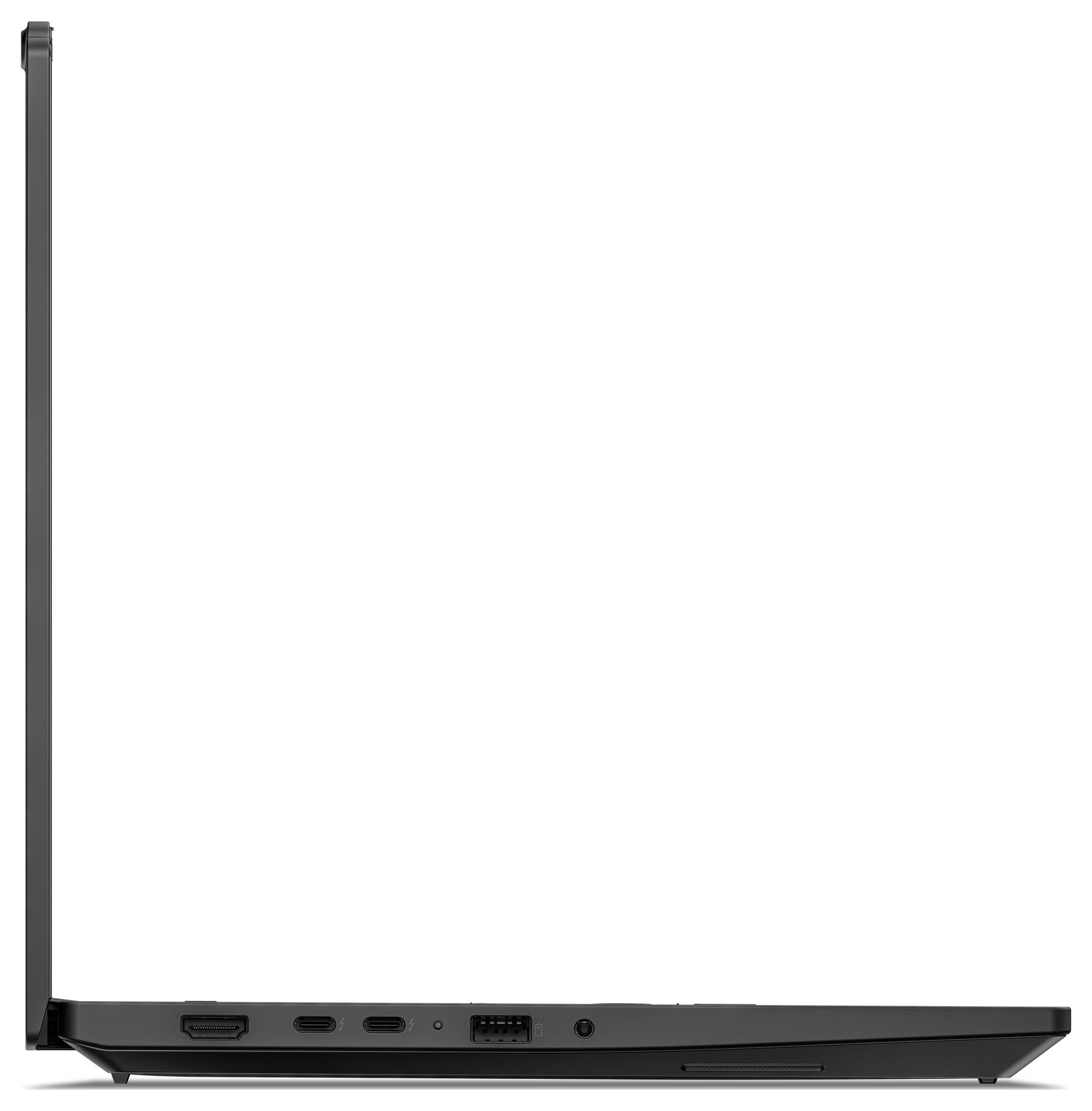 Seitenansicht eines geschlossenen schwarzen Laptops, die ein dünnes Profil mit einem angehobenen vertikalen hinteren Scharnier und sichtbaren Seitenhäfen zeigt.