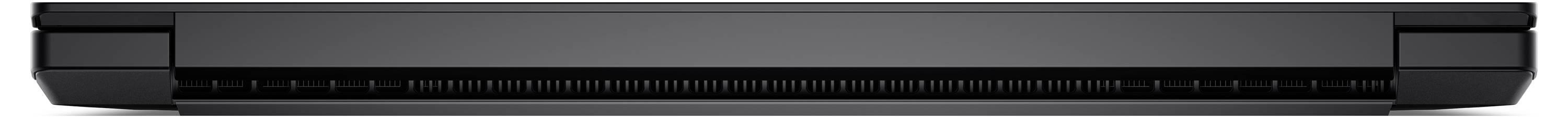 Seitenansicht eines geschlossenen schwarzen Laptops, die das schlanke Profil und die Tastaturkante zeigt.