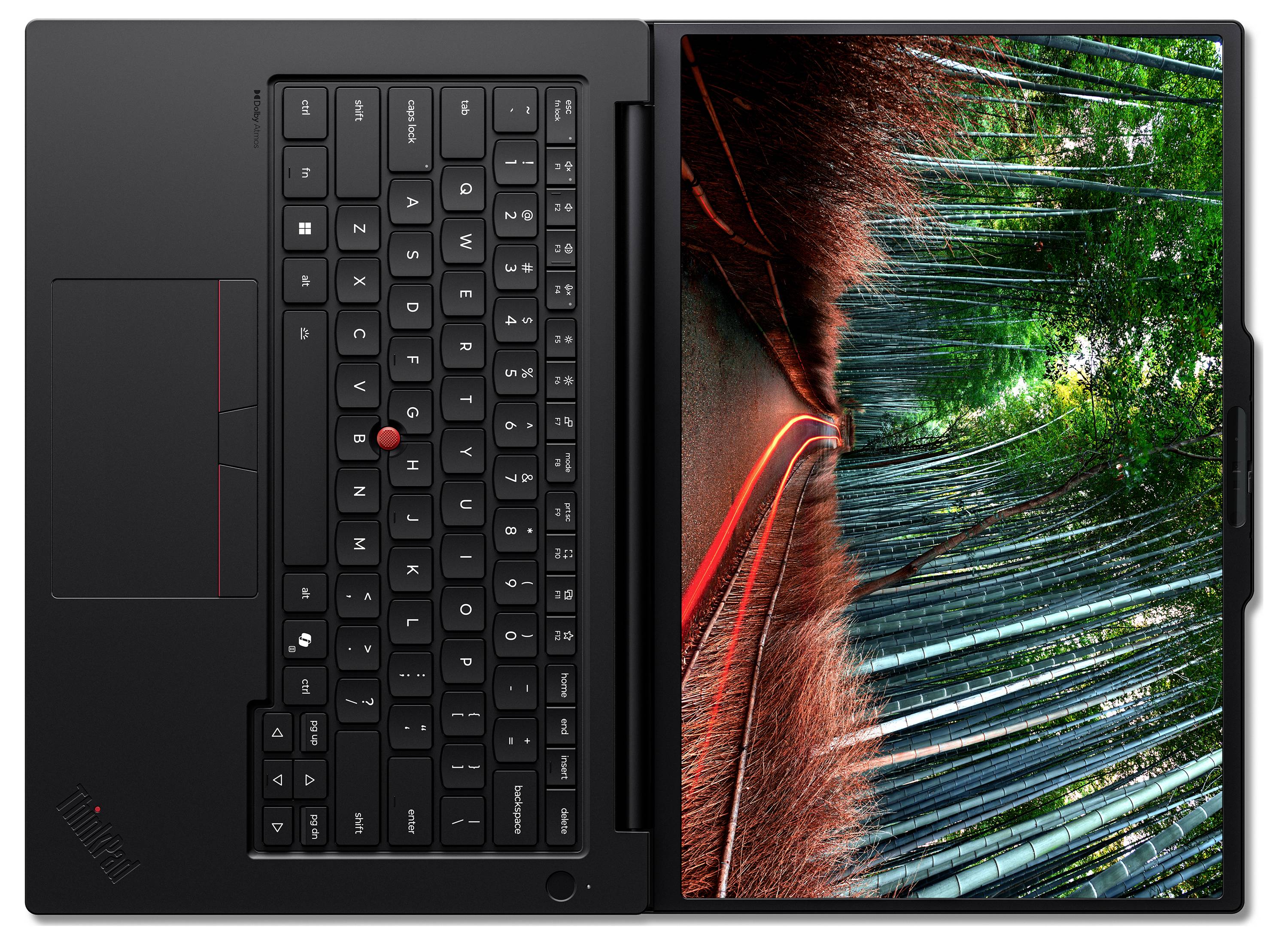 Geöffneter Laptop mit Tastatur und Touchpad auf der linken Seite und einem lebendigen abstrakten Bildschirm mit roten, grünen und blauen Lichtstreifen auf der rechten Seite.