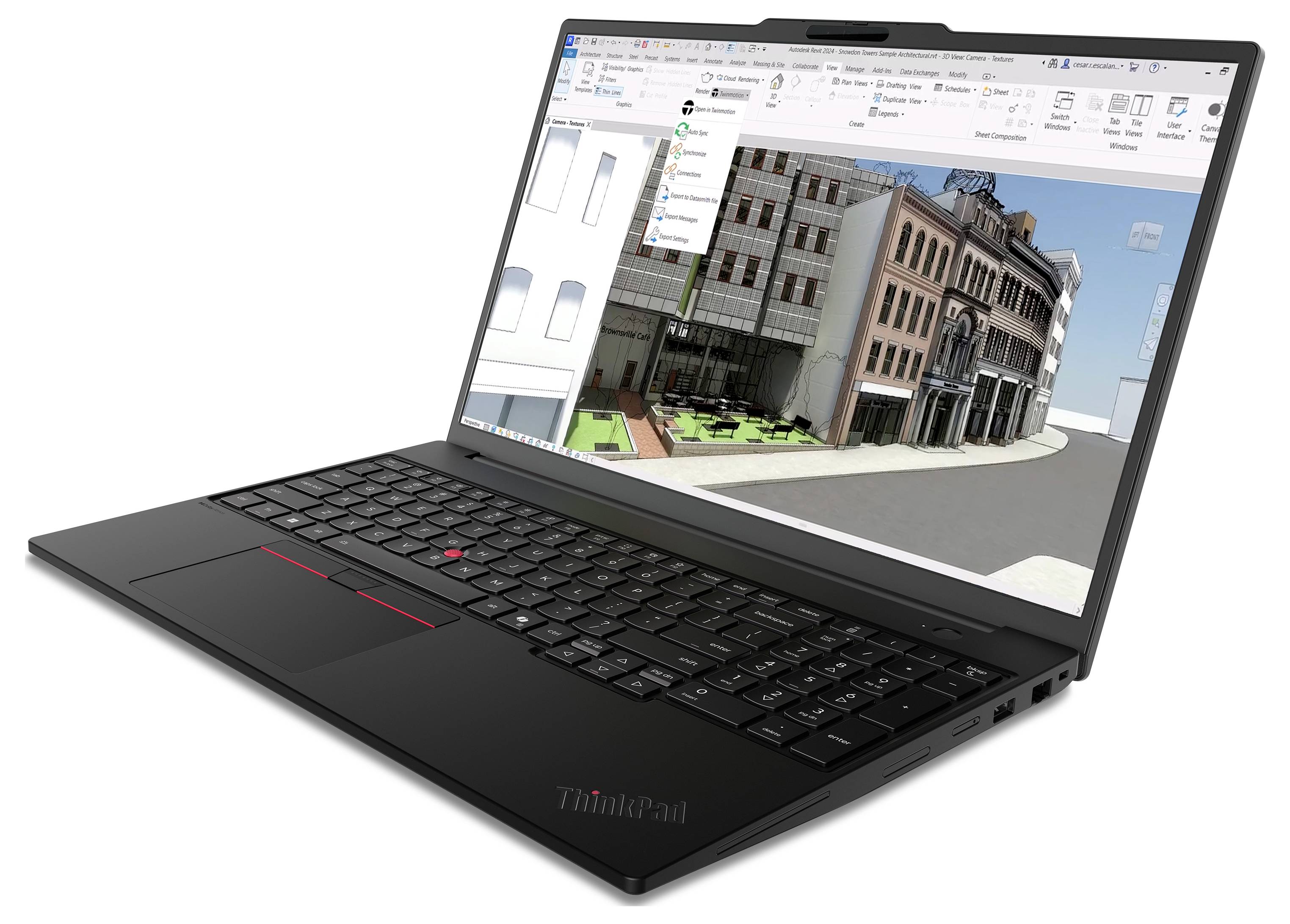 Laptop zeigt 3D-Gebäudedesign- und Modellierungssoftware mit Straßenansicht von Einzelhandelsgeschäften und ein Hofmodell auf dem Bildschirm.