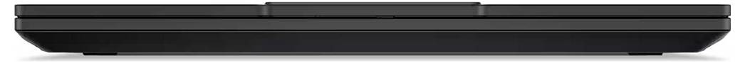 Seitenansicht eines geschlossenen schwarzen Laptops mit schlankem Profil, dargestellt vor weißem Hintergrund.