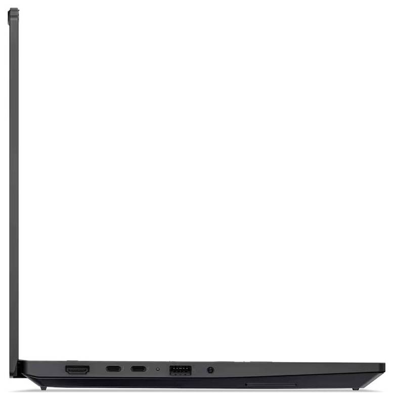 Seitenansicht eines geschlossenen schwarzen Laptops, der ein schlankes Profil mit einem angehobenen hinteren Scharnier und mehreren Seiteanschlüssen auf weißem Hintergrund zeigt.