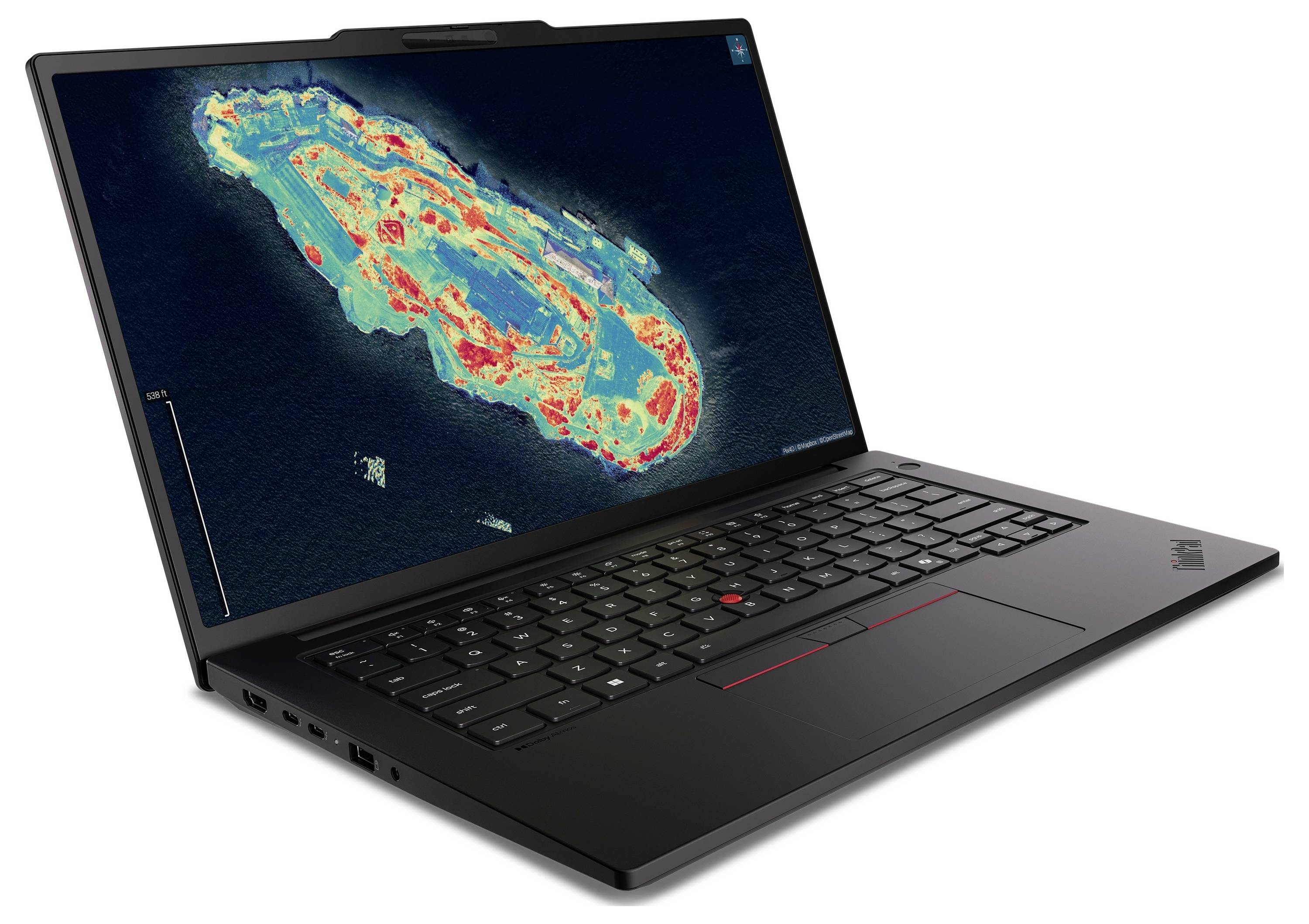 Schwarzer Lenovo ThinkPad Laptop, geöffnet dargestellt, mit einer farbenfrohen Wärme- oder medizinischen Wärmekarte auf dem Bildschirm.