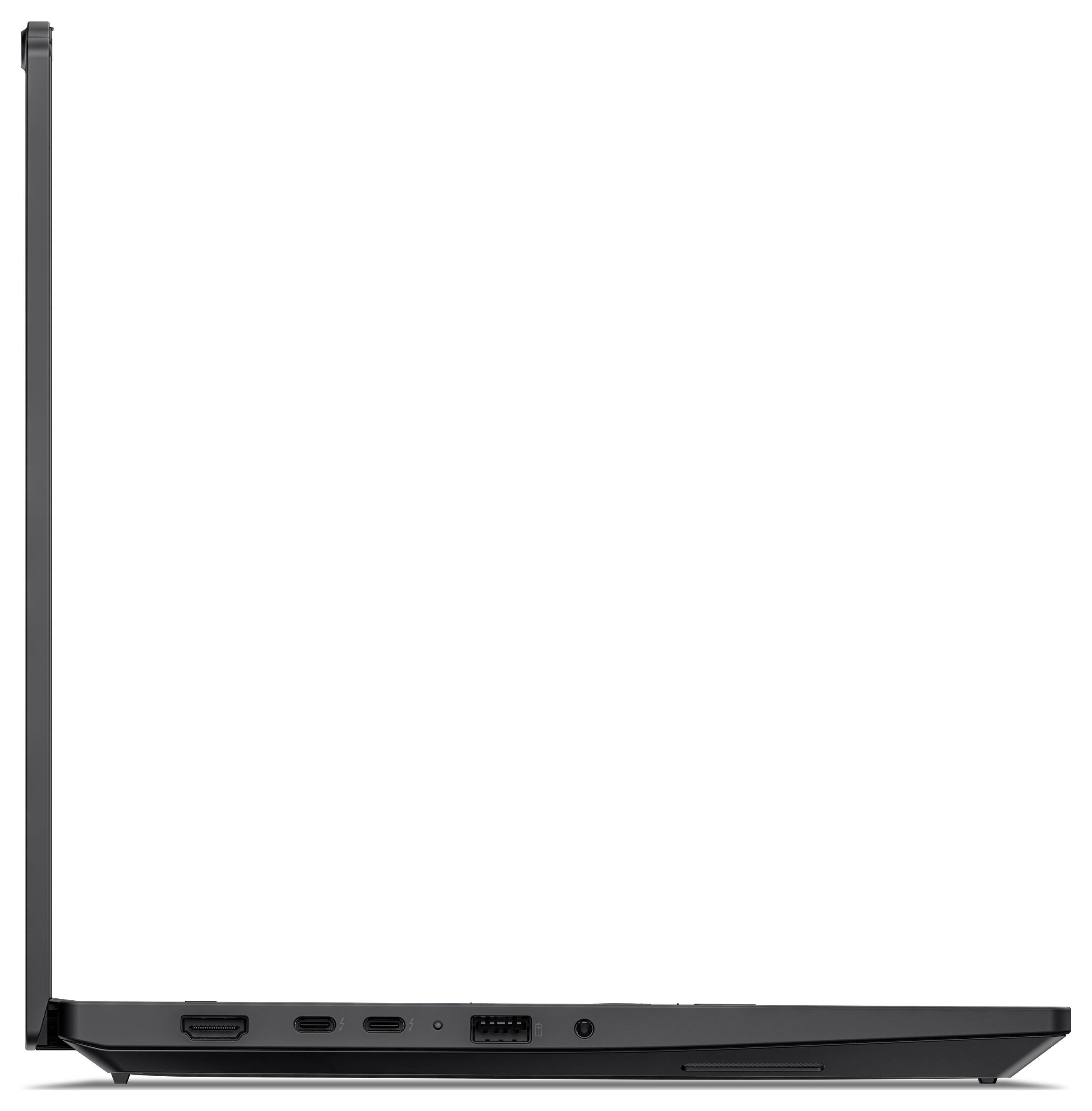 Seitenansicht eines offenen Laptops mit dünnem dunklem Gehäuse, großem Display und sichtbaren Anschlüssen auf der linken Seite, einschließlich HDMI und USB.