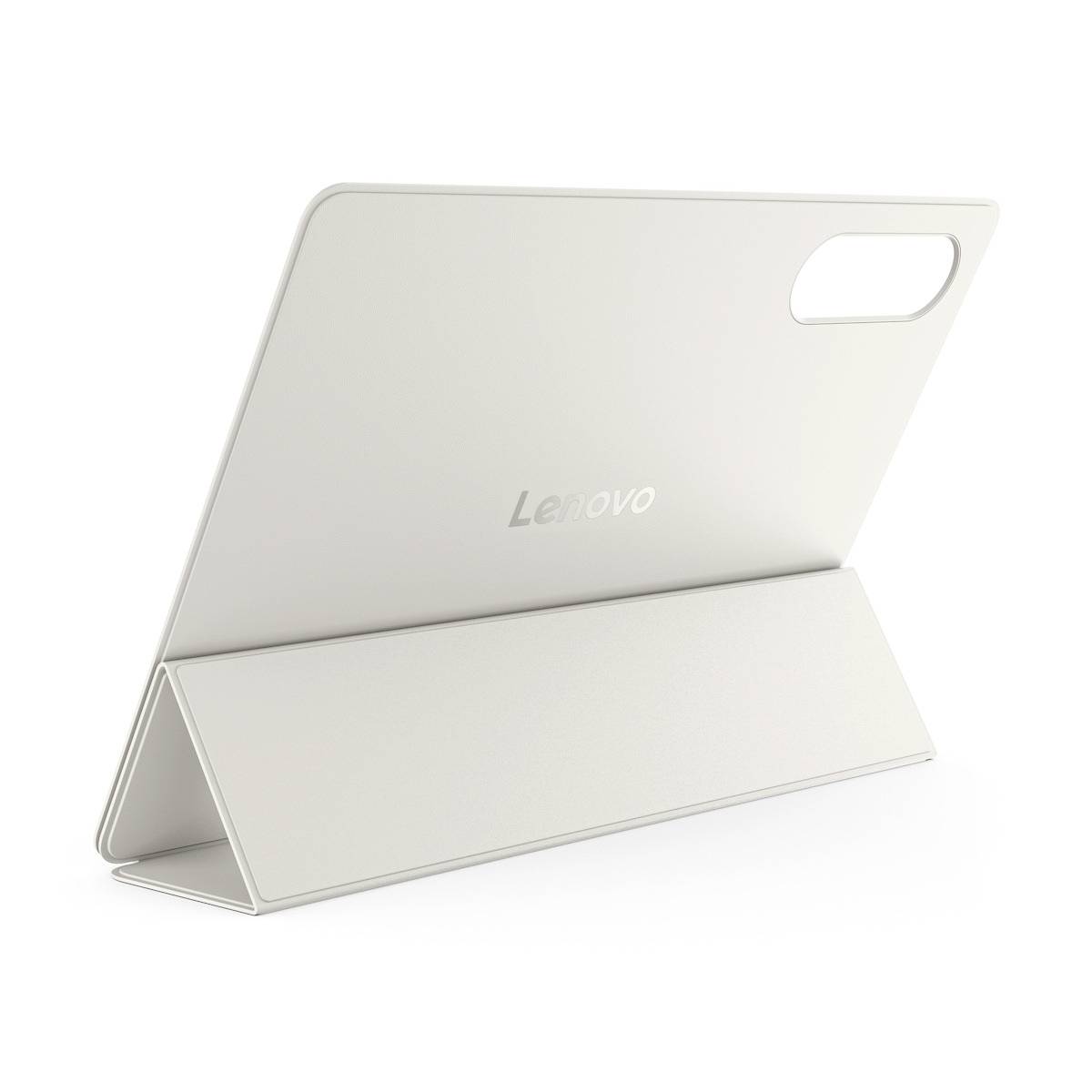 Weiße Lenovo-Tablet-/Schutzhülle von hinten gezeigt, offen wie ein dreieckiger Ständer auf einem einfachen weißen Hintergrund.