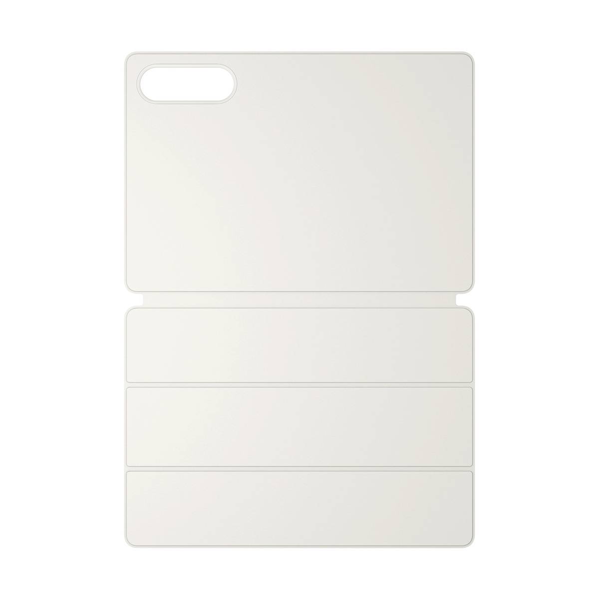 Leere hellgraue Produkt-Mockup mit einem großen oberen Panel und drei übereinander gestapelten unteren Panels, ähnlich einer Verpackungs- oder Etiketten-Vorlage.