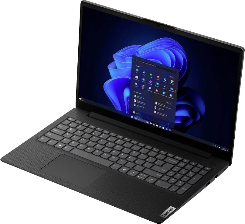 Schwarzer Lenovo-Laptop geöffnet auf weißem Hintergrund, zeigt den Windows 11-Desktop und das Startmenü auf dem Bildschirm.